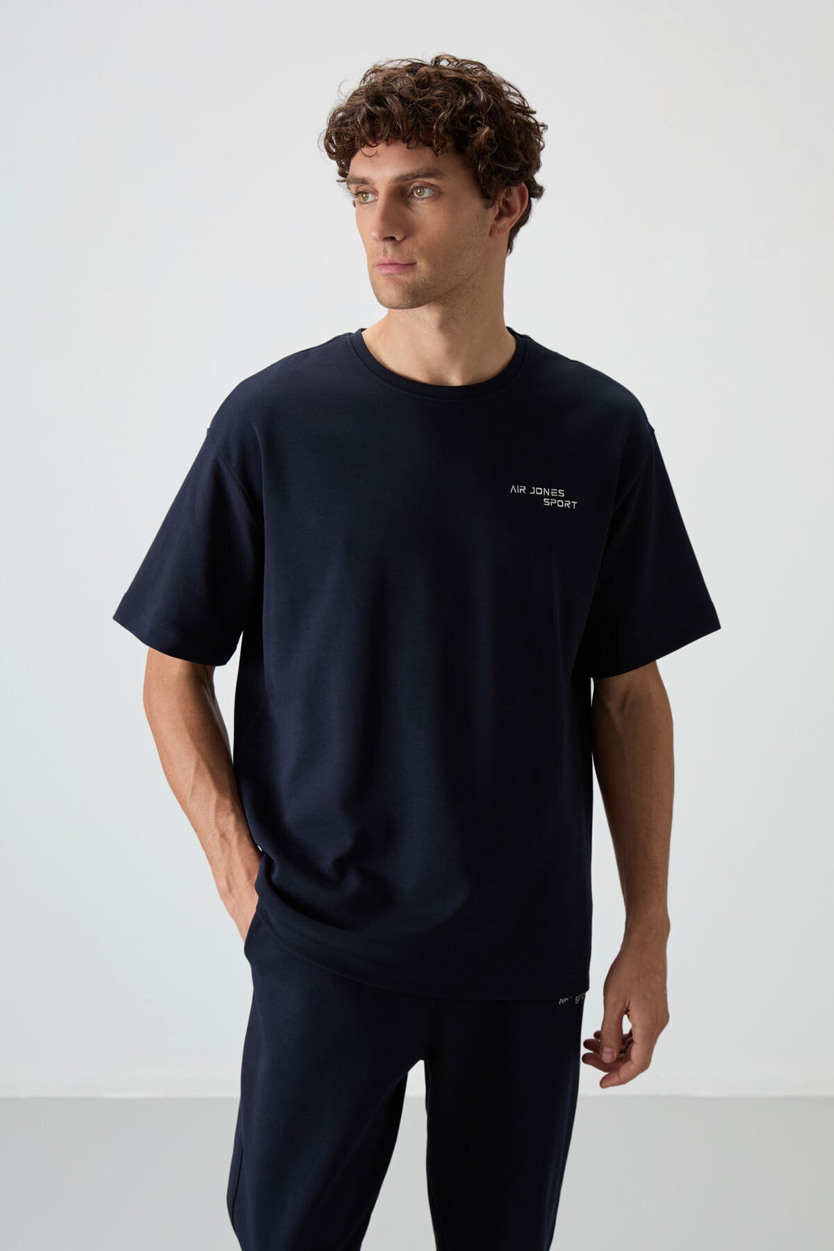 Lacivert Pamuklu Kalın Yumuşak Dokulu Oversize Fit Nakışlı Erkek Eşofman Takım - 85252