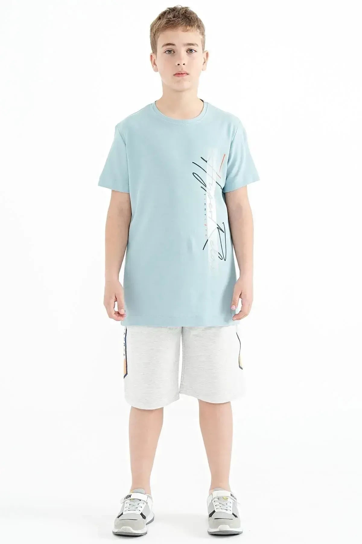 Açık Mavi Yazı Baskılı O Yaka Standart Kalıp Erkek Çocuk T-Shirt - 11119