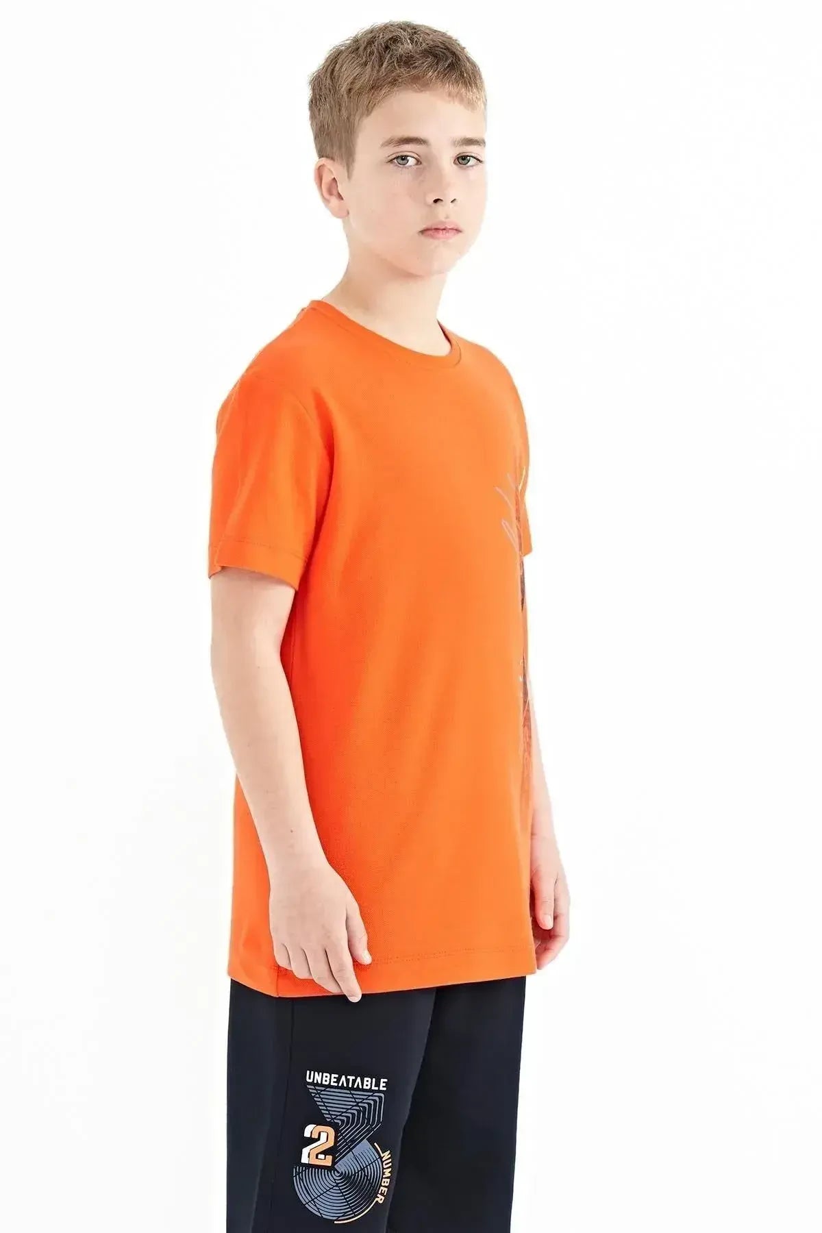 Portakal Yazı Baskılı O Yaka Standart Kalıp Erkek Çocuk T-Shirt - 11119