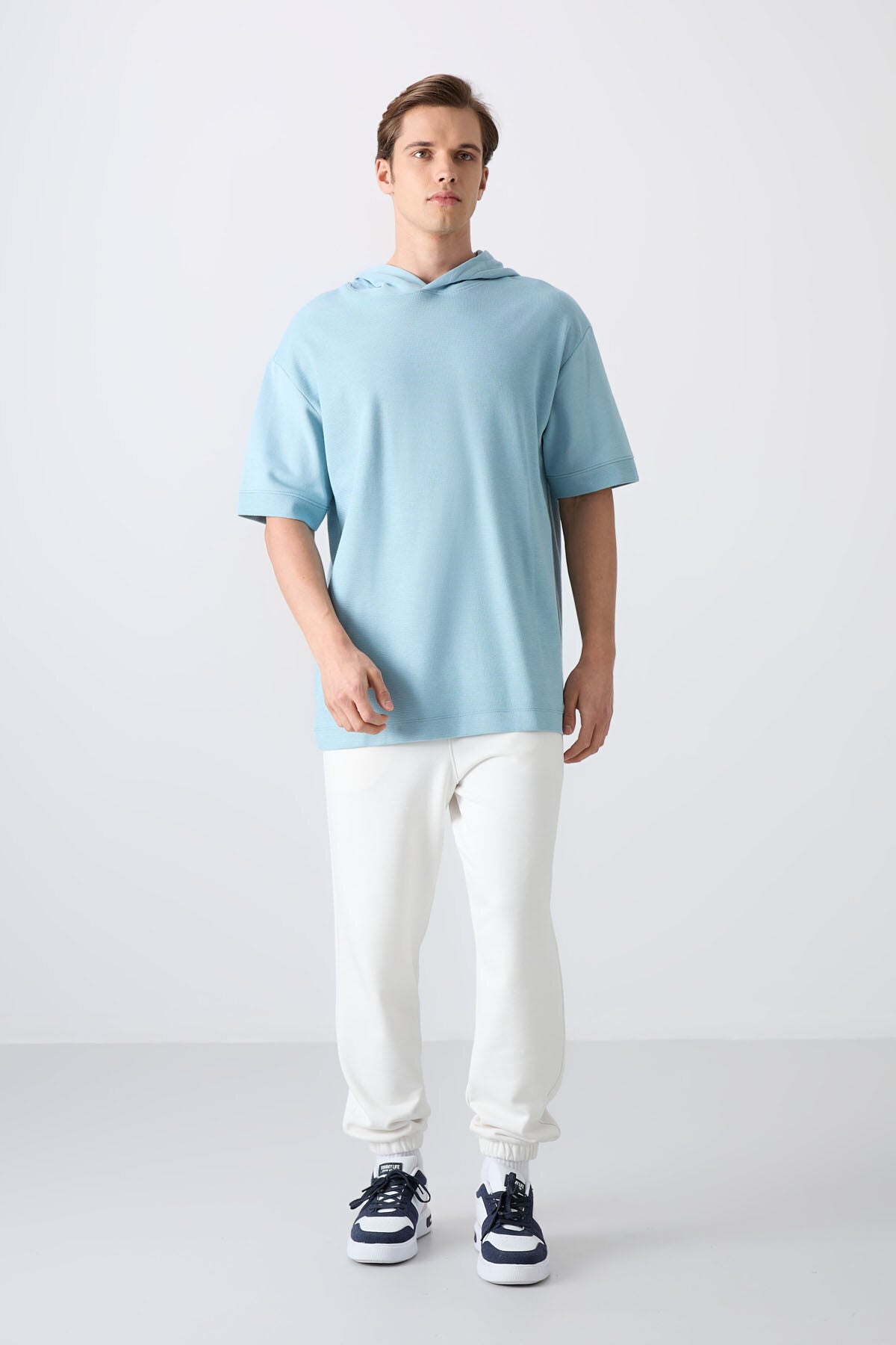 Açık Mavi Pamuklu Kalın Yüzeyi Dokulu Oversize Fit Basic Erkek T-Shirt - 88335