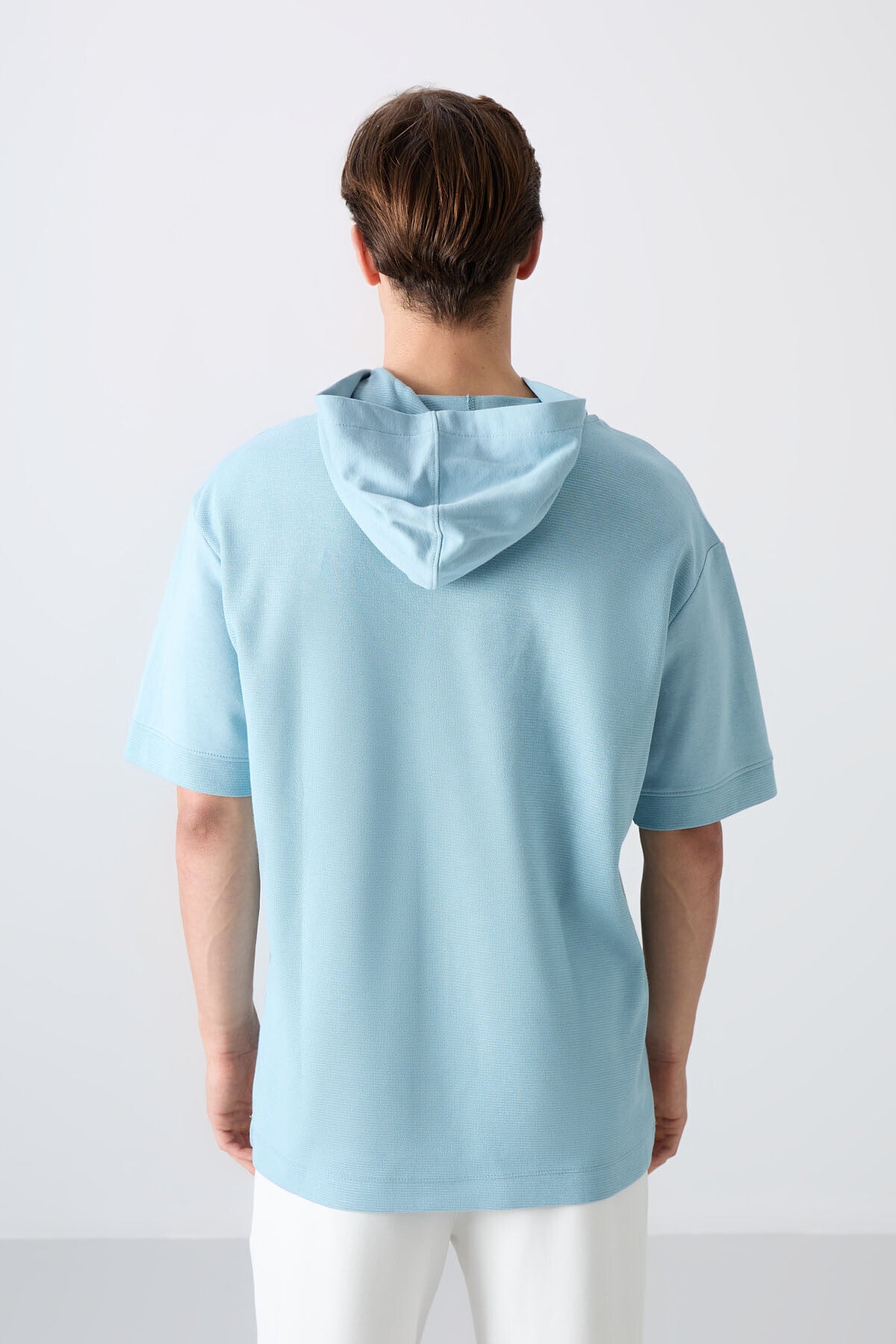 Açık Mavi Pamuklu Kalın Yüzeyi Dokulu Oversize Fit Basic Erkek T-Shirt - 88335