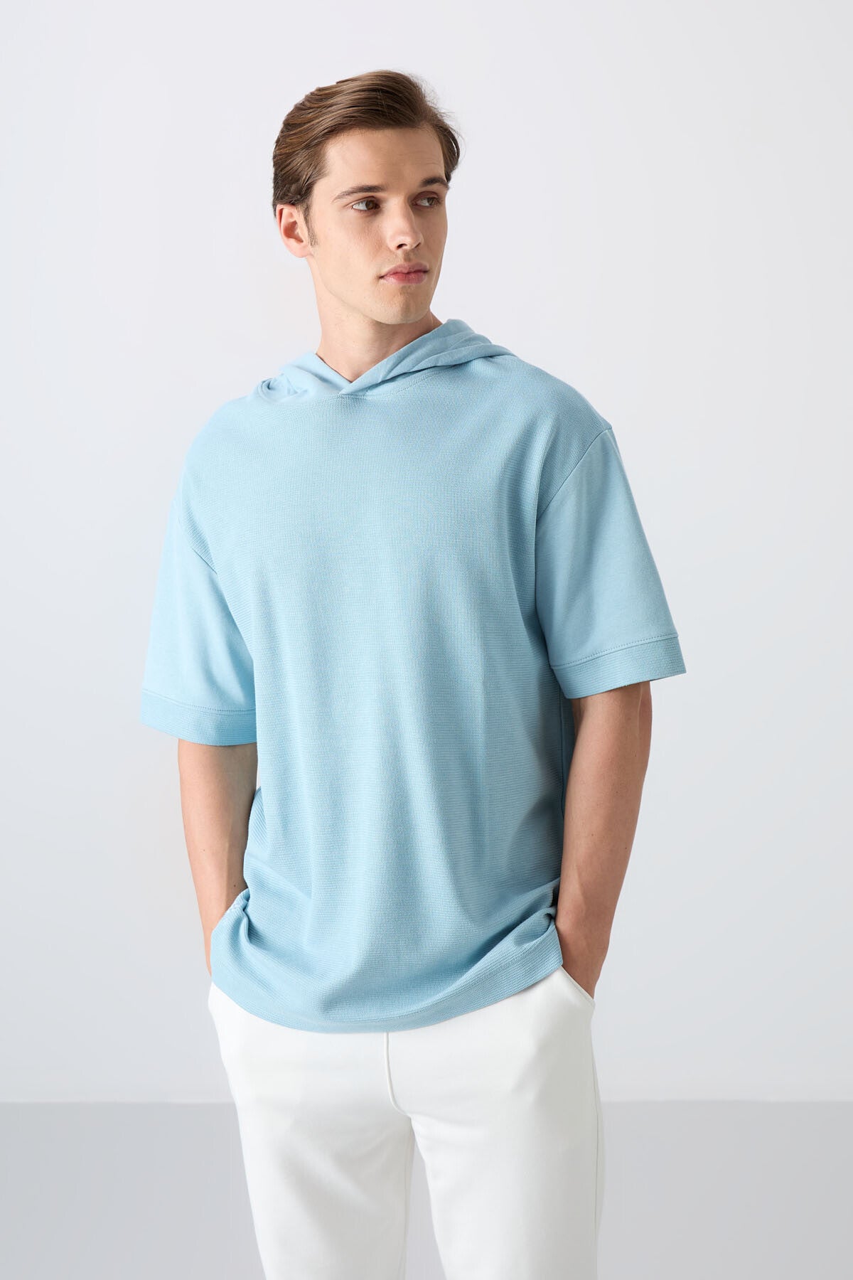 Açık Mavi Pamuklu Kalın Yüzeyi Dokulu Oversize Fit Basic Erkek T-Shirt - 88335