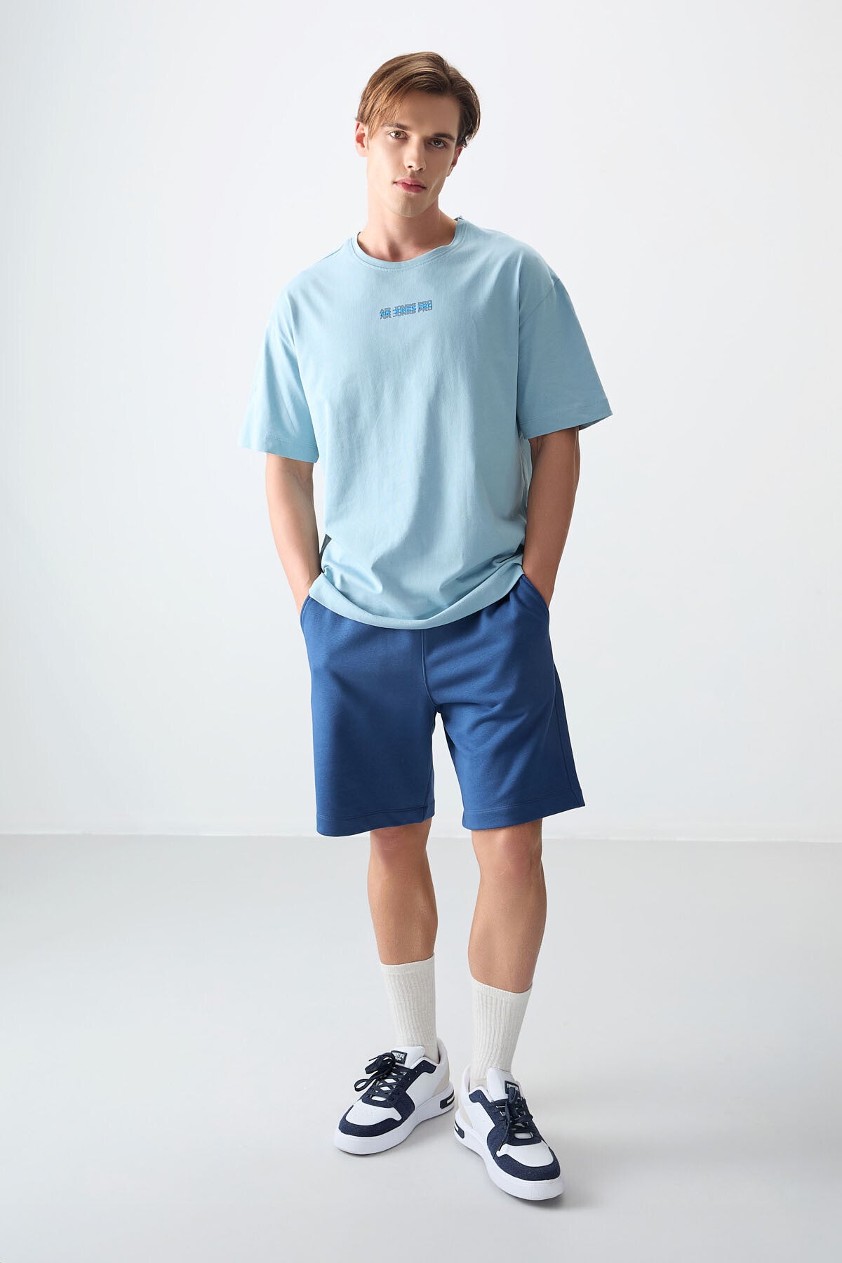 Açık Mavi %100 Pamuk Kalın Yumuşak Dokulu Oversize Fit Baskılı Erkek T-Shirt - 88354