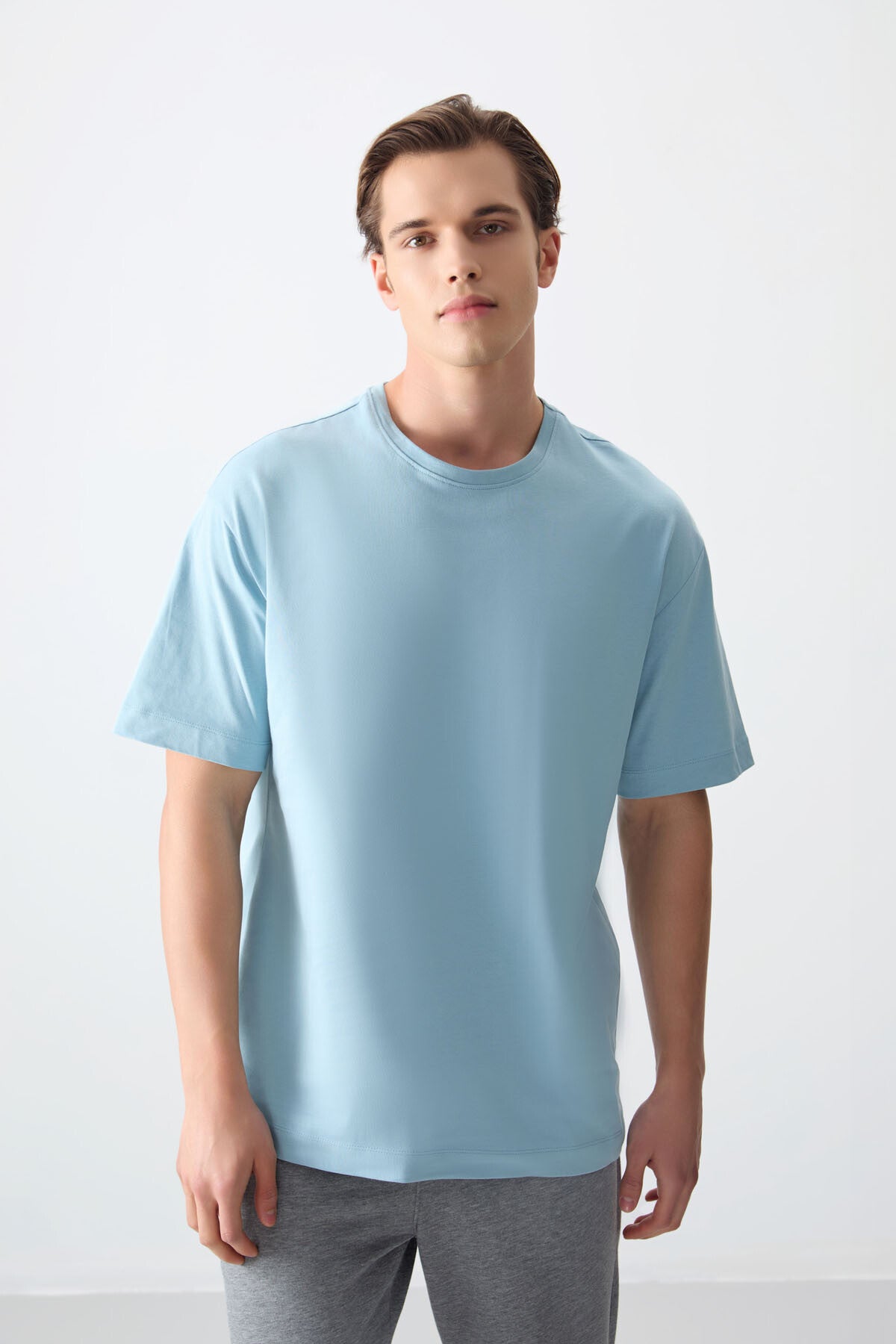 Açık Mavi %100 Pamuk Kalın Yumuşak Dokulu Oversize Fit Basic Erkek T-Shirt - 88353