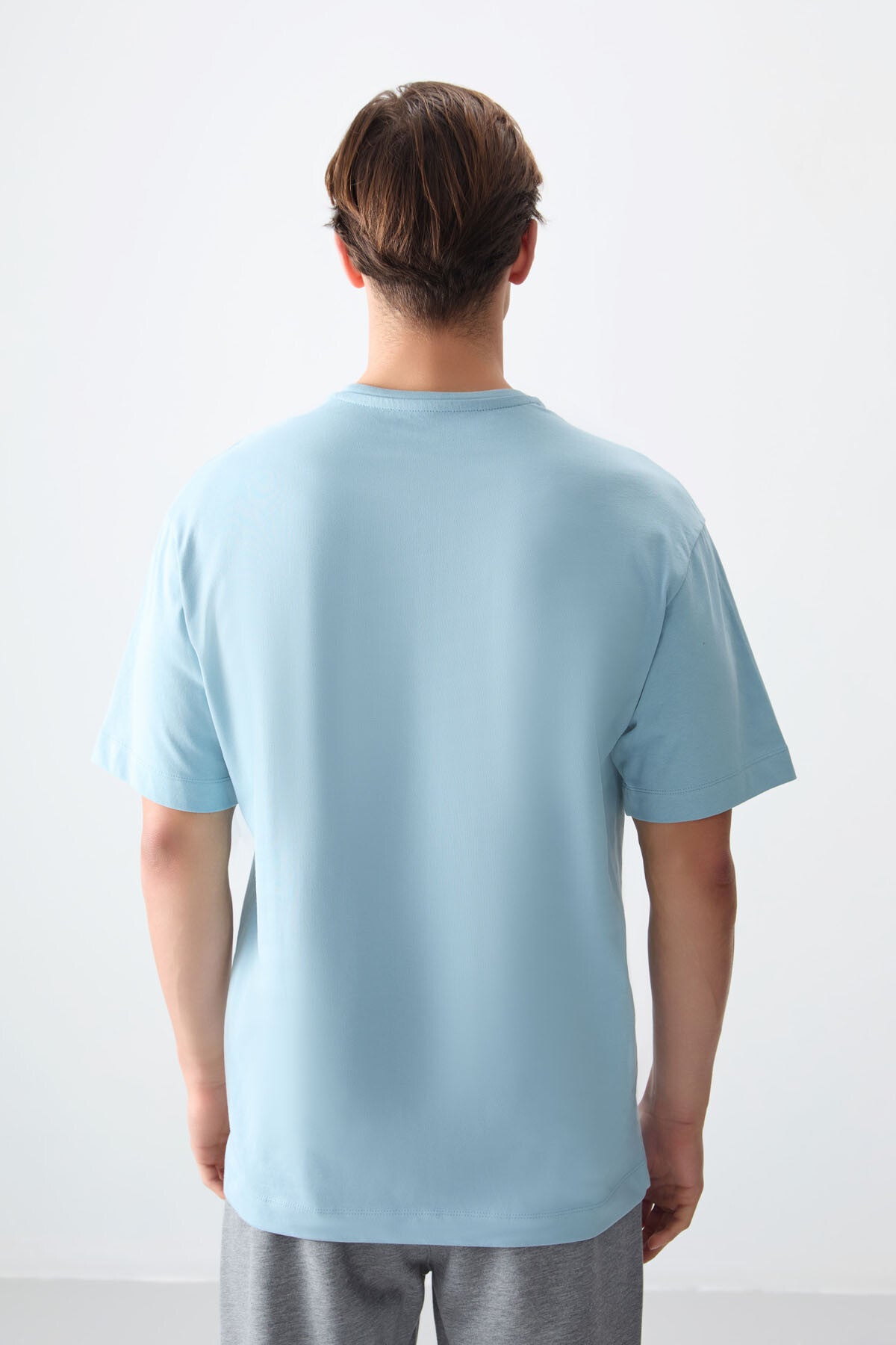 Açık Mavi %100 Pamuk Kalın Yumuşak Dokulu Oversize Fit Basic Erkek T-Shirt - 88353
