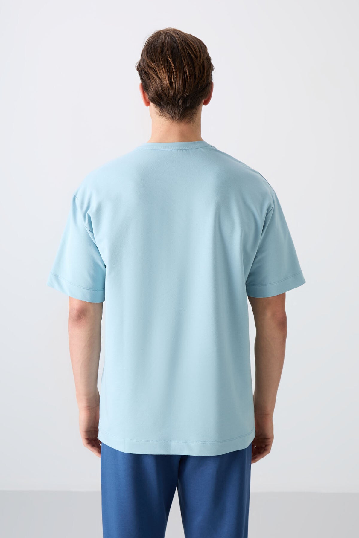 Açık Mavi Pamuklu Kalın Yumuşak Dokulu Oversize Fit Baskılı Erkek T-Shirt - 88344