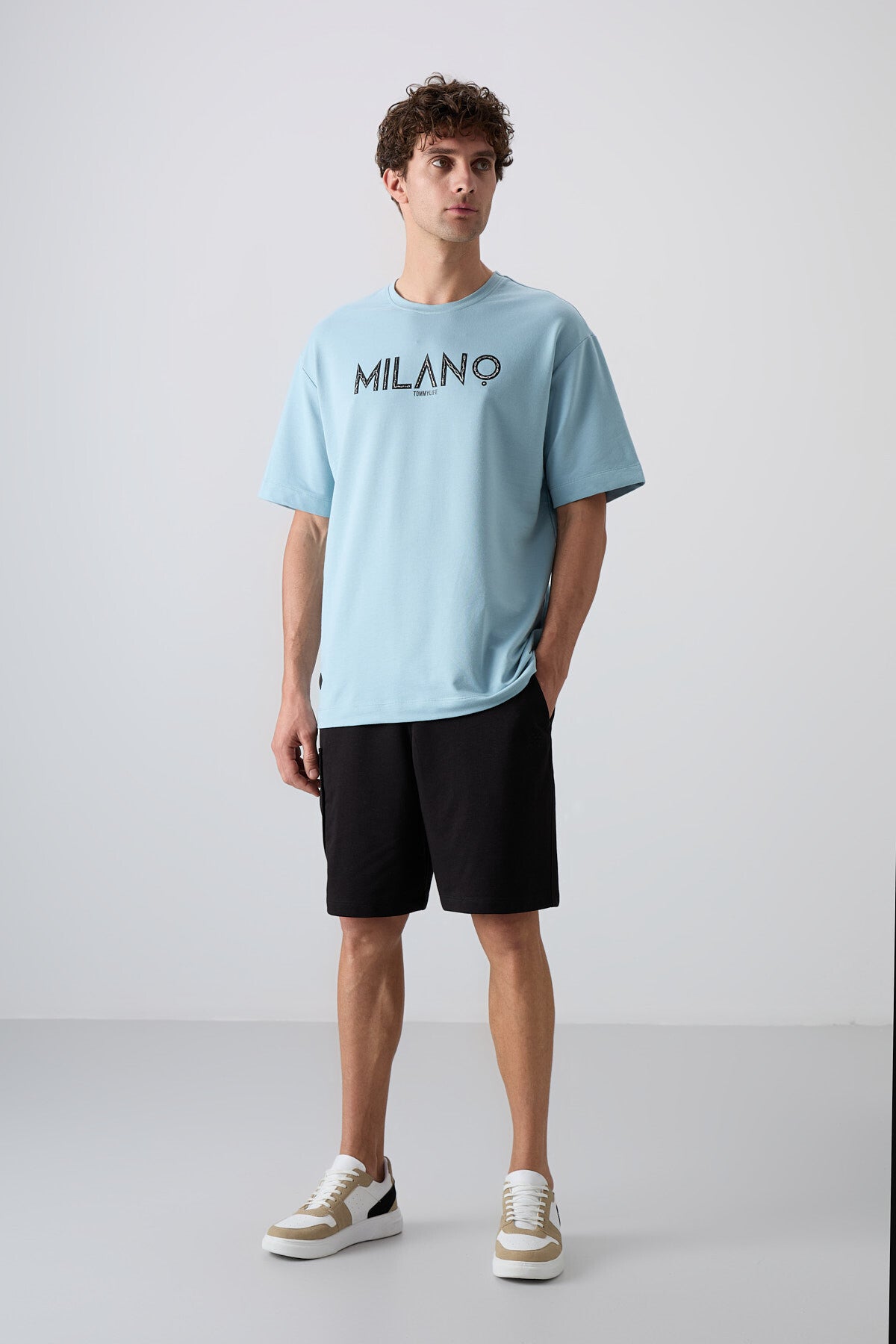 Açık Mavi Pamuklu Kalın Yumuşak Dokulu Oversize Fit Baskılı Erkek T-Shirt - 88345