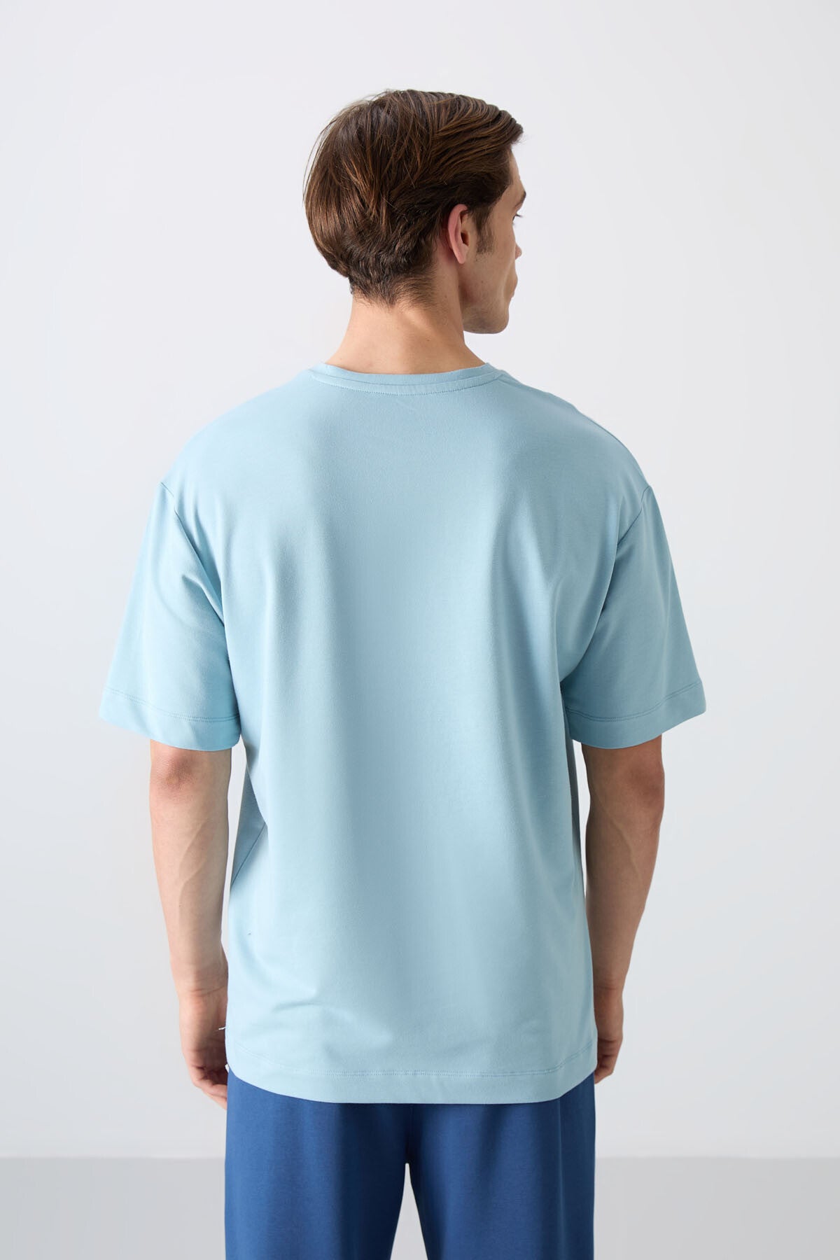 Açık Mavi Pamuklu Kalın Yumuşak Dokulu Oversize Fit Baskılı Erkek T-Shirt - 88343