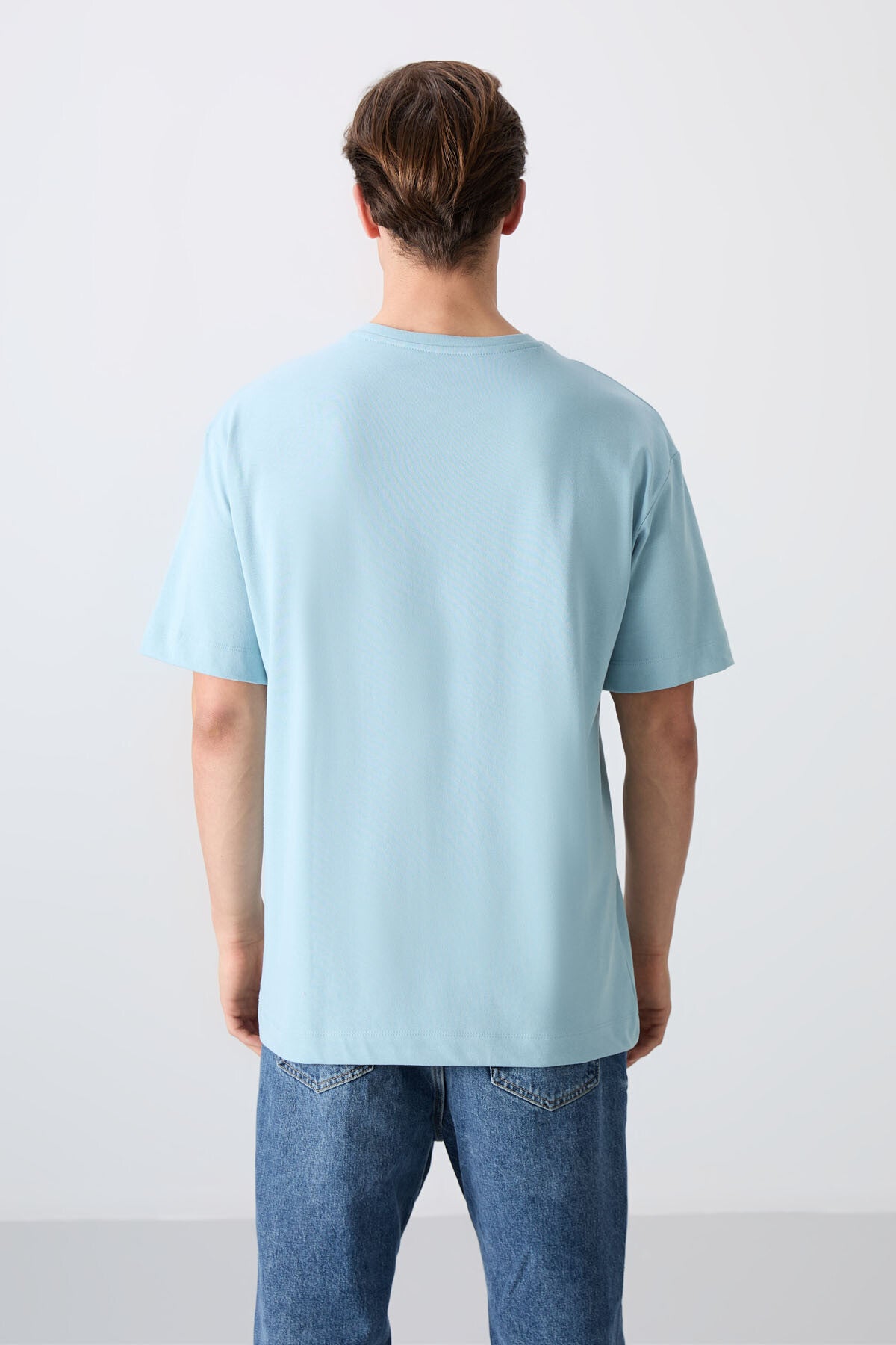 Açık Mavi Pamuklu Kalın Yumuşak Dokulu Oversize Fit Baskılı Erkek T-Shirt - 88330