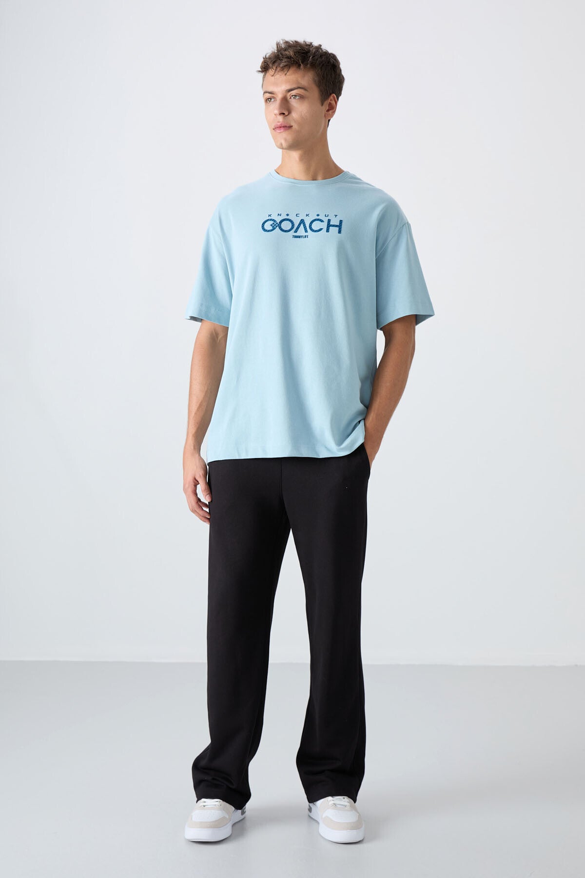 Açık Mavi Pamuklu Kalın Yumuşak Dokulu Oversize Fit Baskılı Erkek T-Shirt - 88329