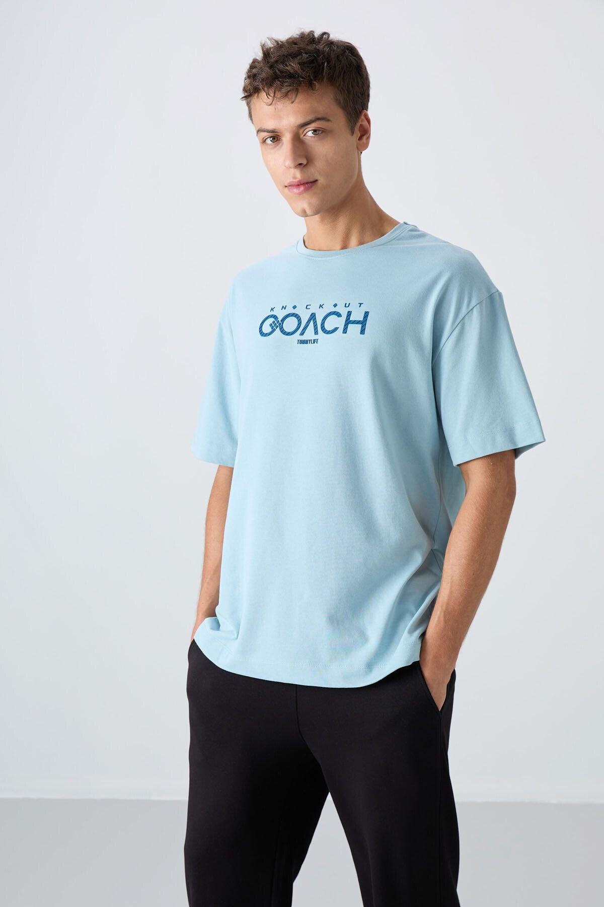 Açık Mavi Pamuklu Kalın Yumuşak Dokulu Oversize Fit Baskılı Erkek T-Shirt - 88329