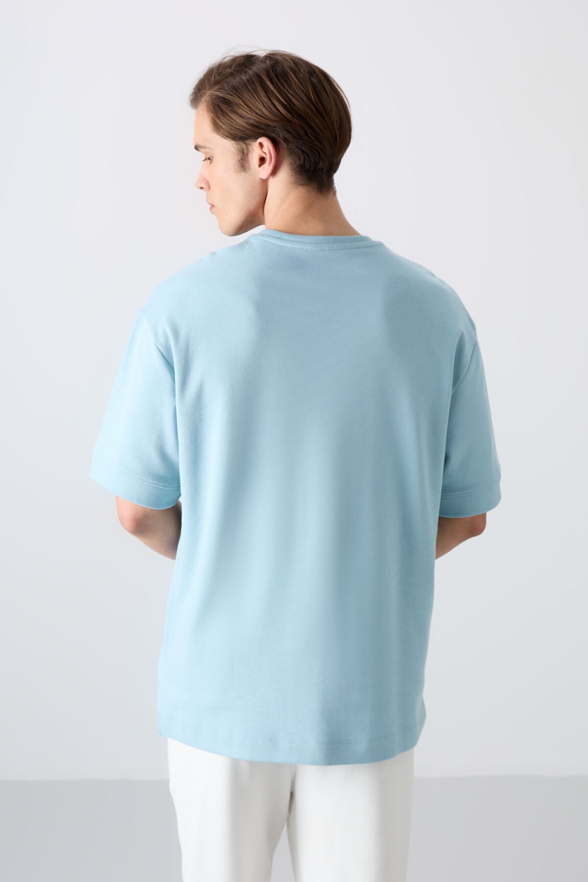 Açık Mavi Pamuklu Kalın Yumuşak Dokulu Oversize Fit Baskılı Erkek T-Shirt - 88322