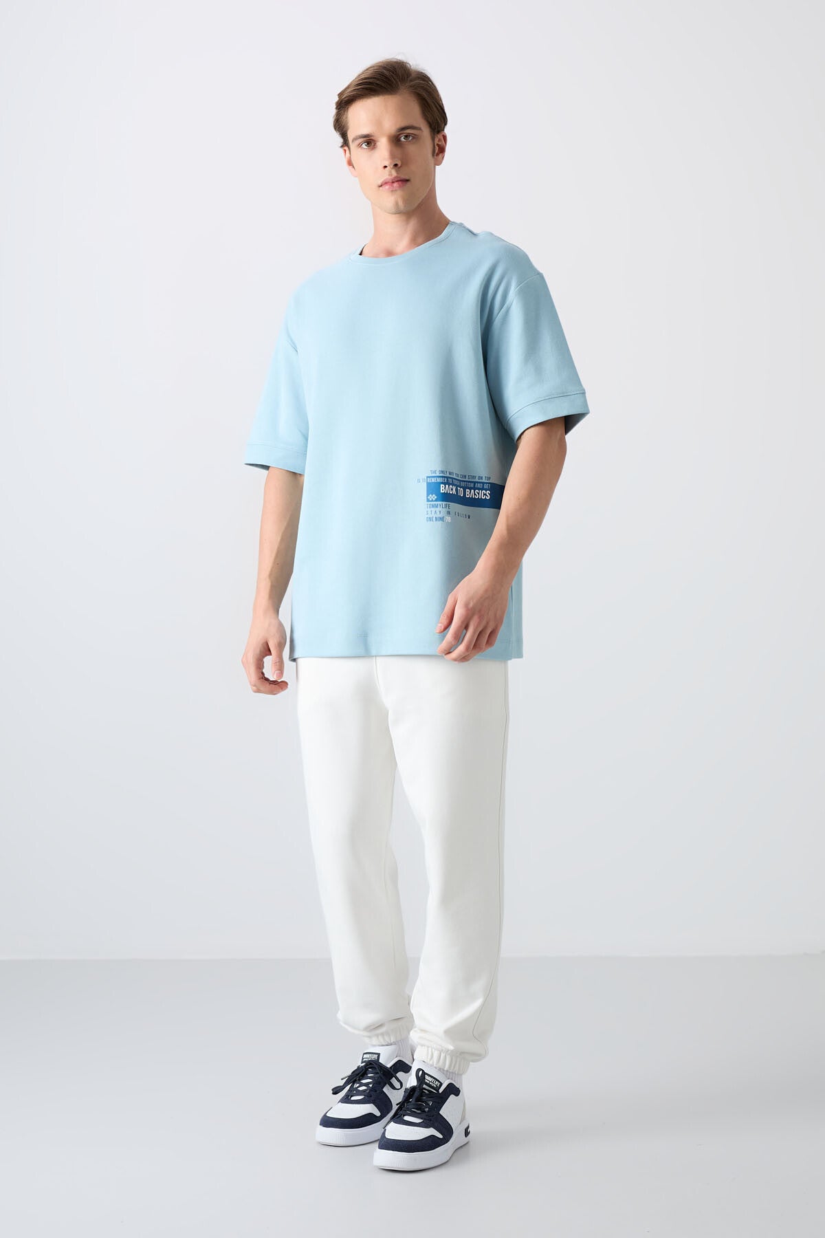 Açık Mavi Pamuklu Kalın Yumuşak Dokulu Oversize Fit Baskılı Erkek T-Shirt - 88322