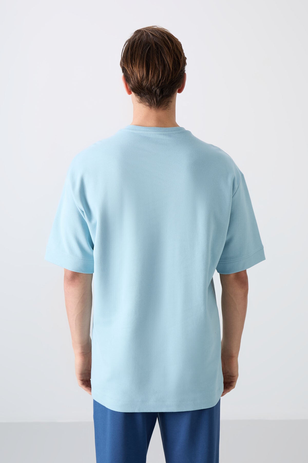 Açık Mavi Pamuklu Kalın Yumuşak Dokulu Oversize Fit Baskılı Erkek T-Shirt - 88323