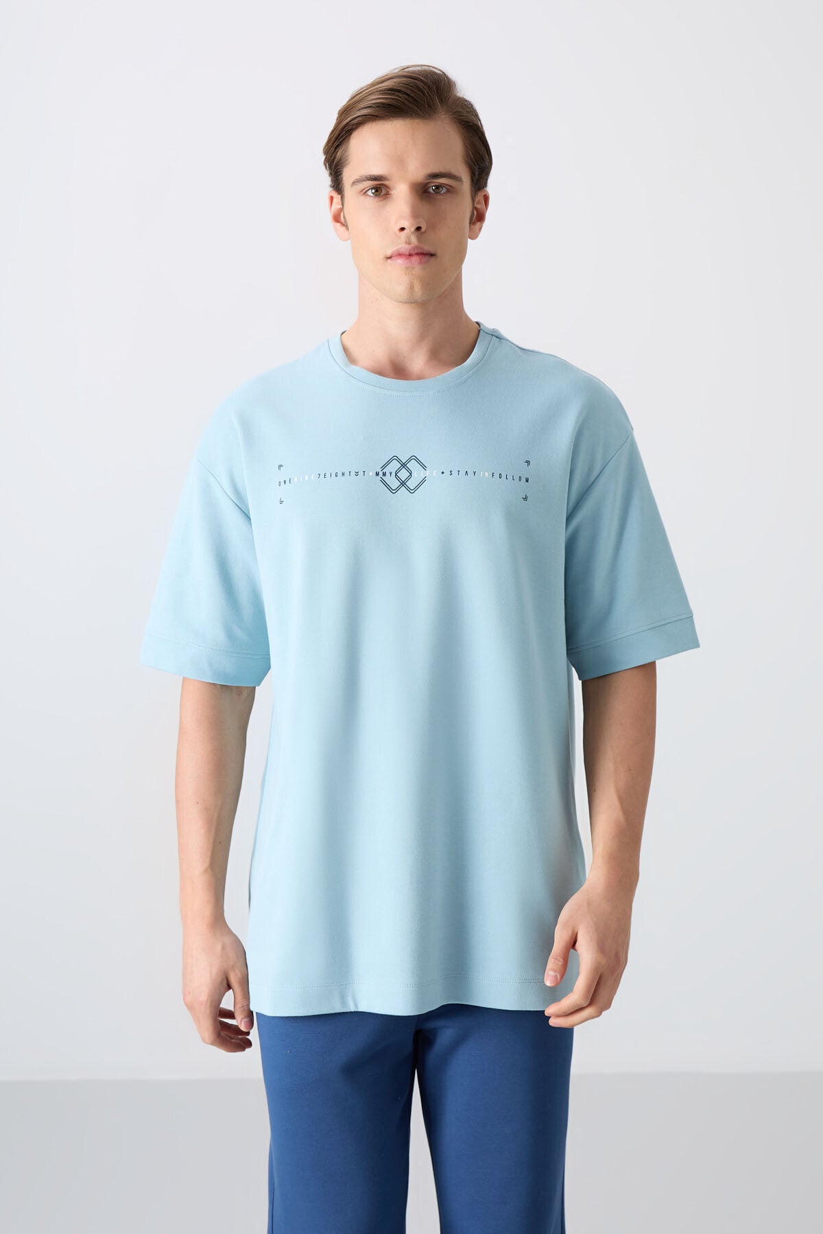 Açık Mavi Pamuklu Kalın Yumuşak Dokulu Oversize Fit Baskılı Erkek T-Shirt - 88323