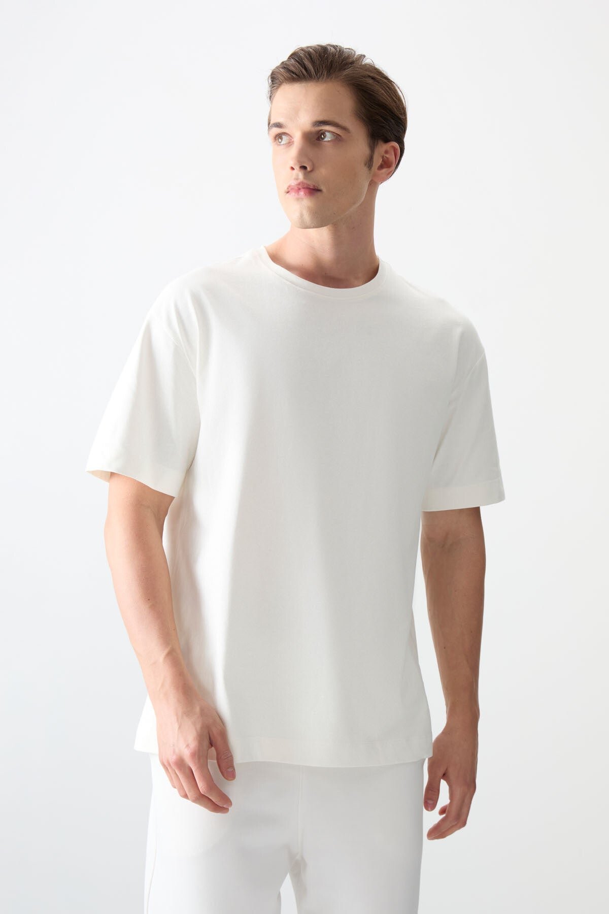 Ekru %100 Pamuk Kalın Yumuşak Dokulu Oversize Fit Basic Erkek T-Shirt - 88353