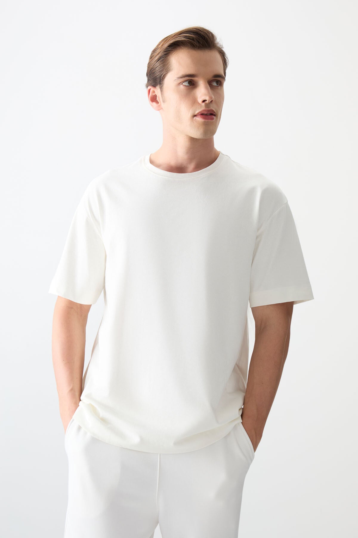 Ekru %100 Pamuk Kalın Yumuşak Dokulu Oversize Fit Basic Erkek T-Shirt - 88353