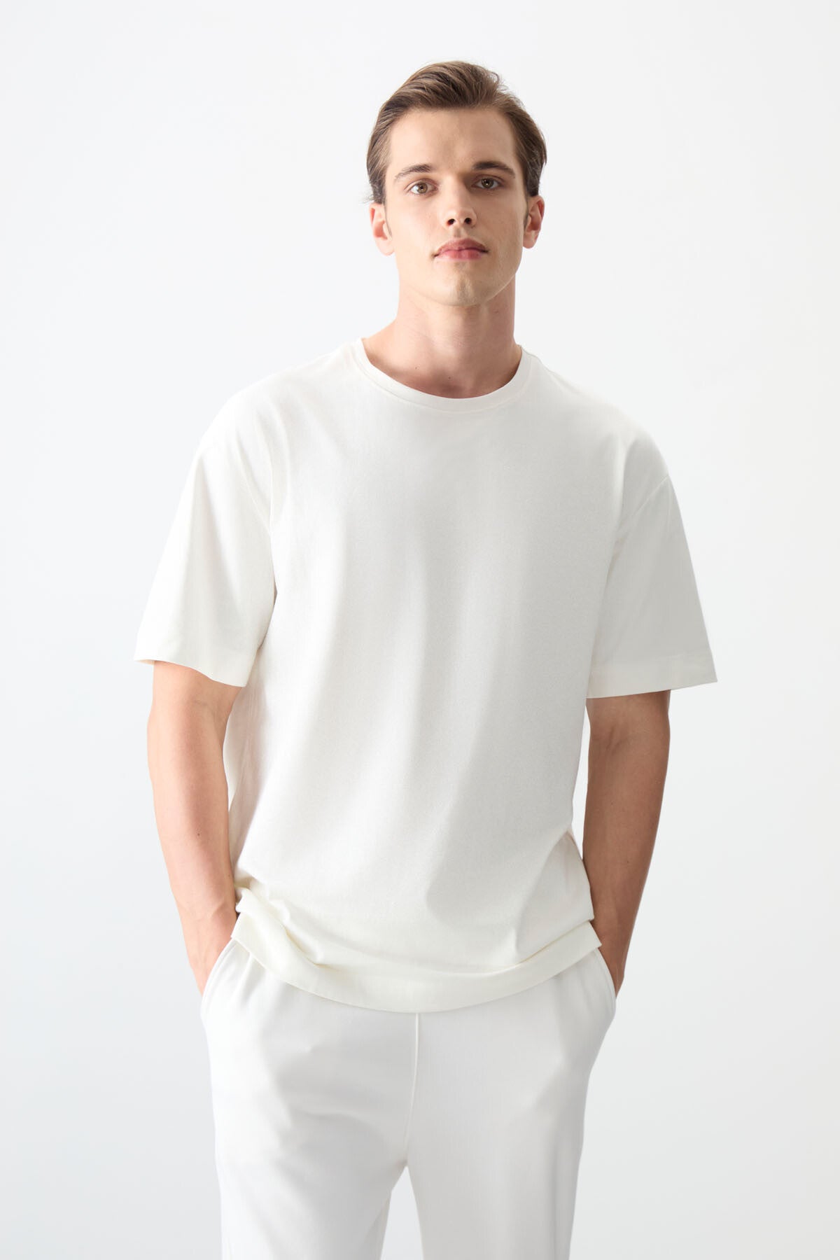 Ekru %100 Pamuk Kalın Yumuşak Dokulu Oversize Fit Basic Erkek T-Shirt - 88353