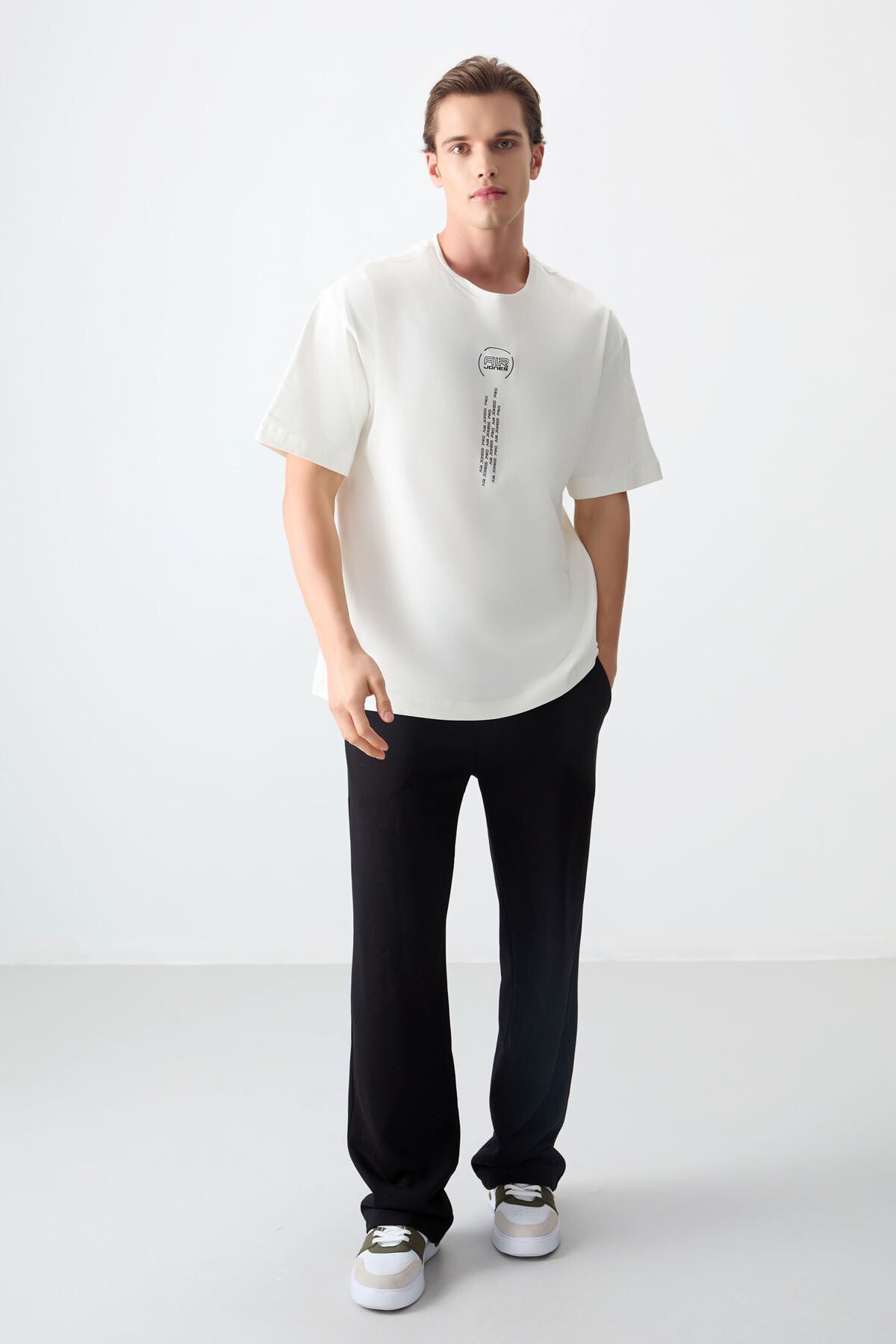 Ekru %100 Pamuk Kalın Yumuşak Dokulu Oversize Fit Baskılı Erkek T-Shirt - 88355