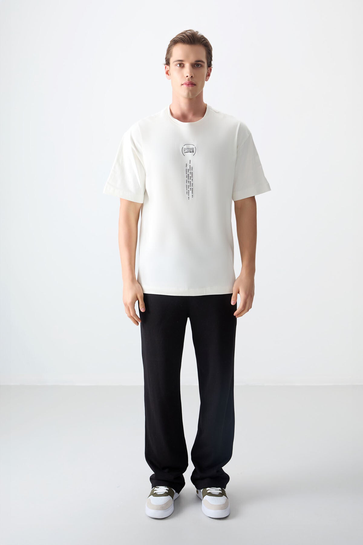 Ekru %100 Pamuk Kalın Yumuşak Dokulu Oversize Fit Baskılı Erkek T-Shirt - 88355