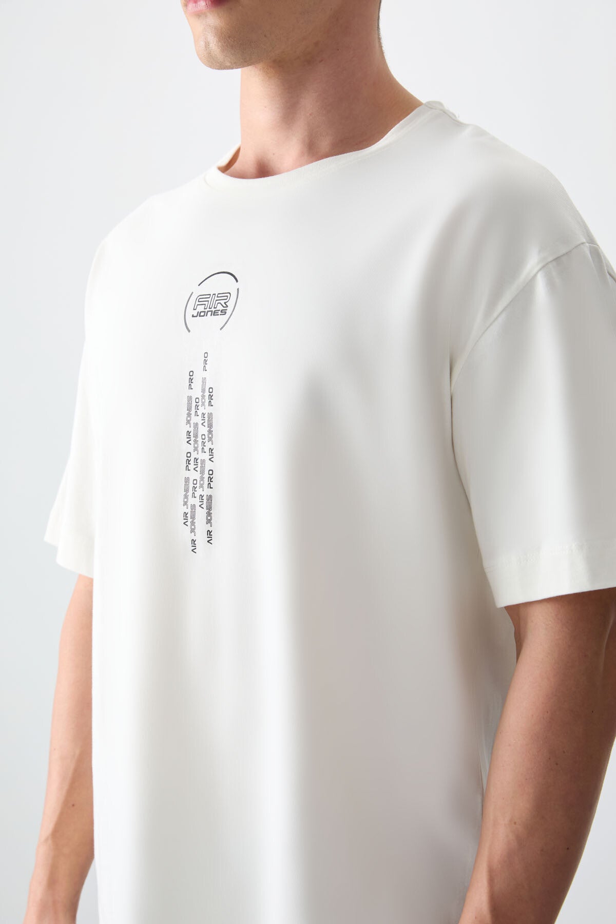 Ekru %100 Pamuk Kalın Yumuşak Dokulu Oversize Fit Baskılı Erkek T-Shirt - 88355