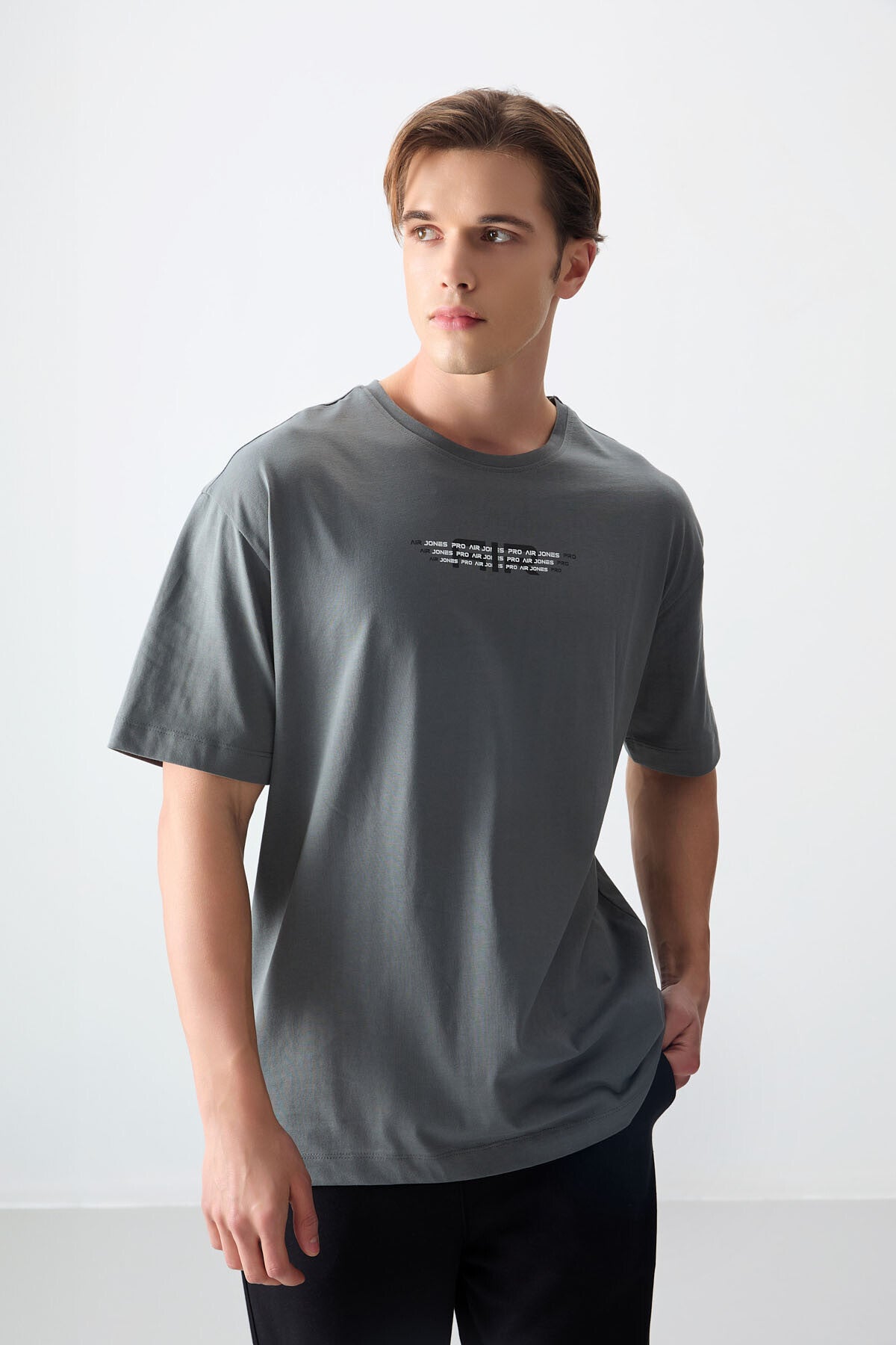 Haki %100 Pamuk Kalın Yumuşak Dokulu Oversize Fit Baskılı Erkek T-Shirt - 88356