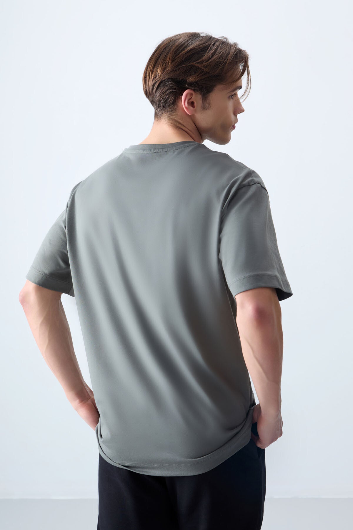 Haki %100 Pamuk Kalın Yumuşak Dokulu Oversize Fit Baskılı Erkek T-Shirt - 88356