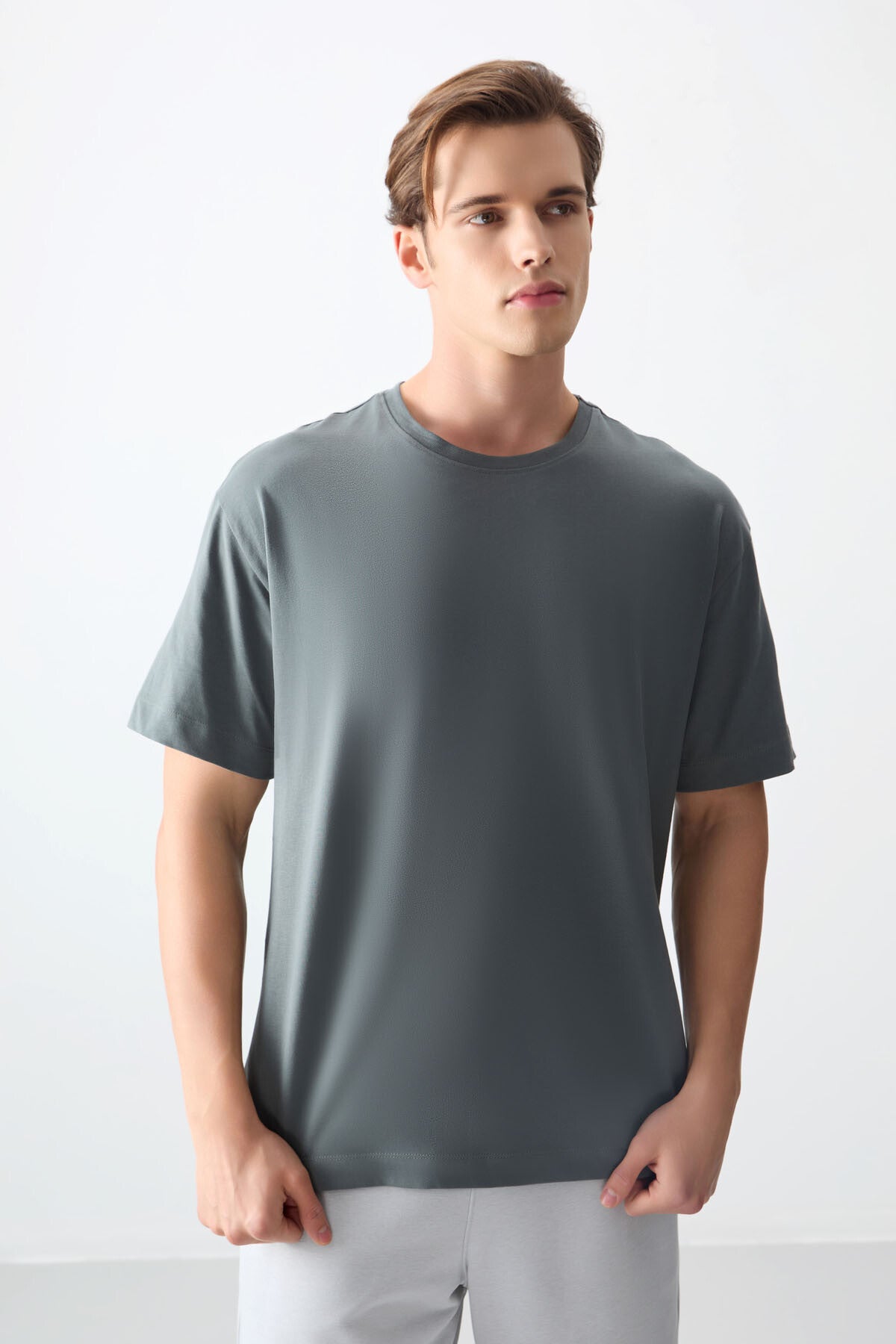 Haki %100 Pamuk Kalın Yumuşak Dokulu Oversize Fit Basic Erkek T-Shirt - 88353