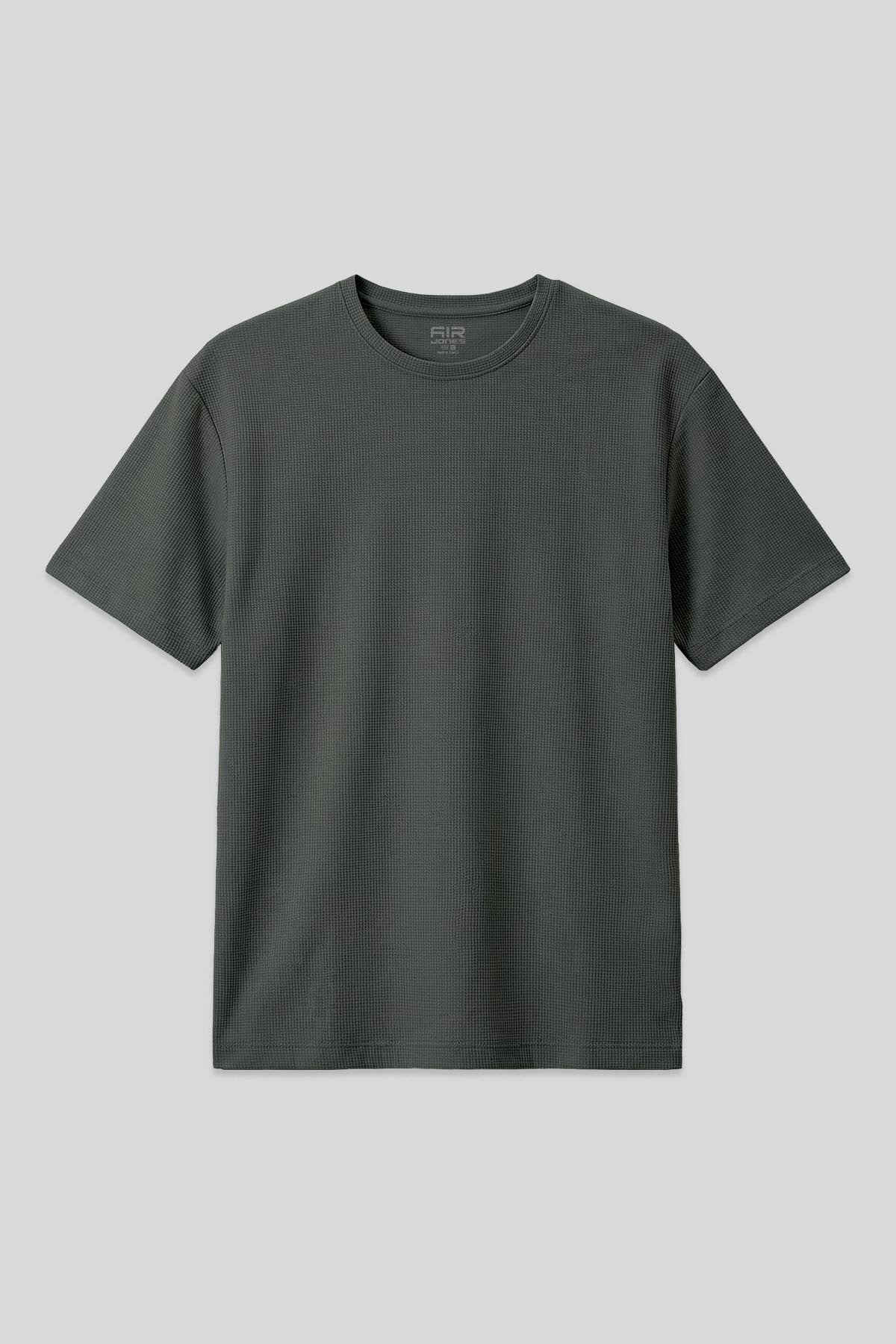 Haki Waffle İnterlok Yüzeyi Dokulu Oversize Fit Basic Erkek T-Shirt - 88379