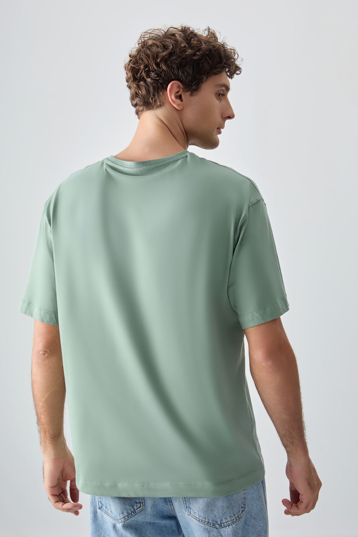 Açık Yeşil %100 Pamuk Kalın Yumuşak Dokulu Oversize Fit Baskılı Erkek T-Shirt - 88354