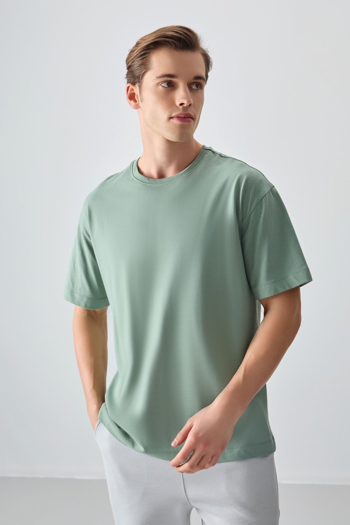 Açık Yeşil %100 Pamuk Kalın Yumuşak Dokulu Oversize Fit Basic Erkek T-Shirt - 88353