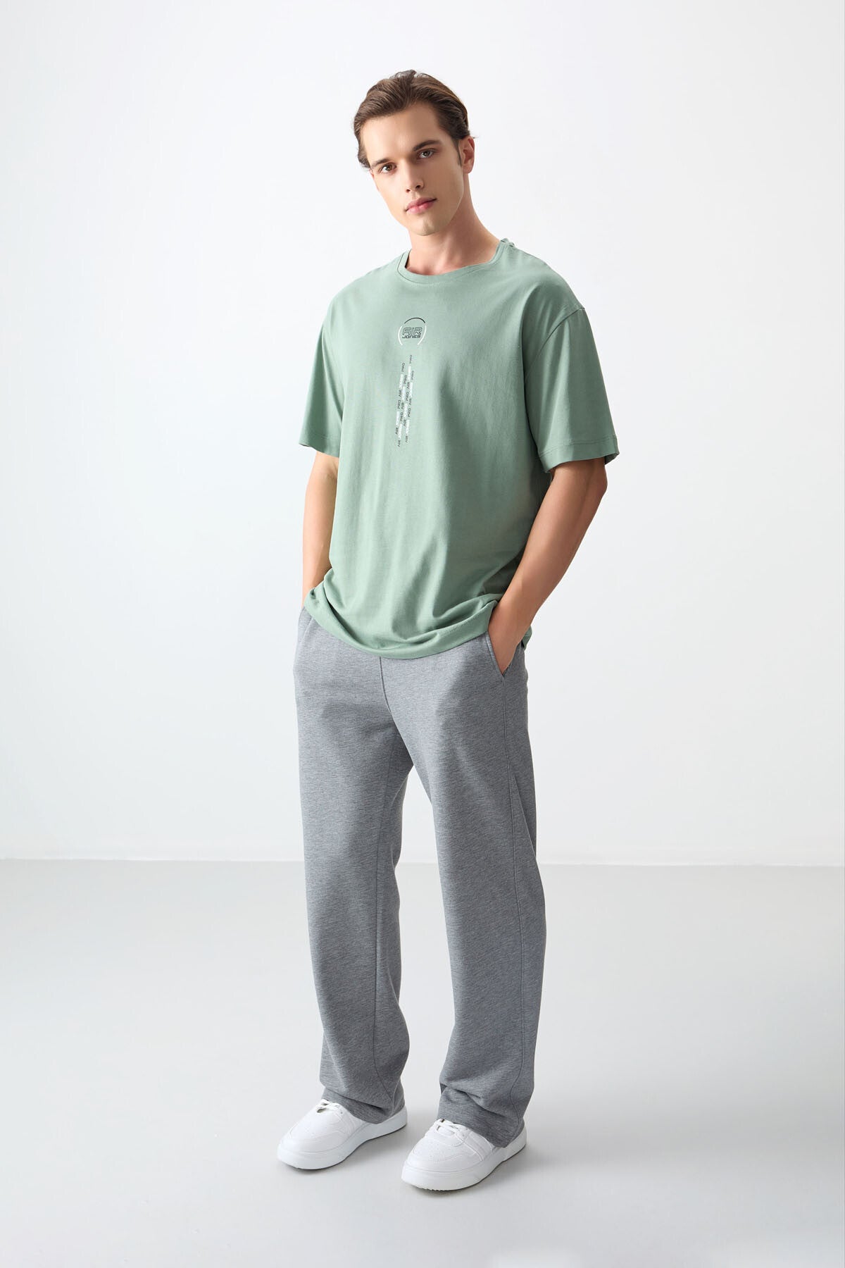 Açık Yeşil %100 Pamuk Kalın Yumuşak Dokulu Oversize Fit Baskılı Erkek T-Shirt - 88355
