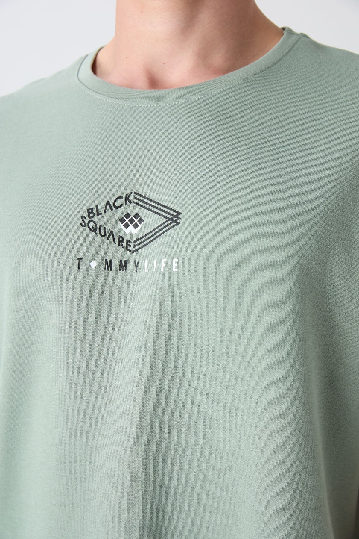 Açık Yeşil Pamuklu Kalın Yumuşak Dokulu Oversize Fit Baskılı Erkek T-Shirt - 88325
