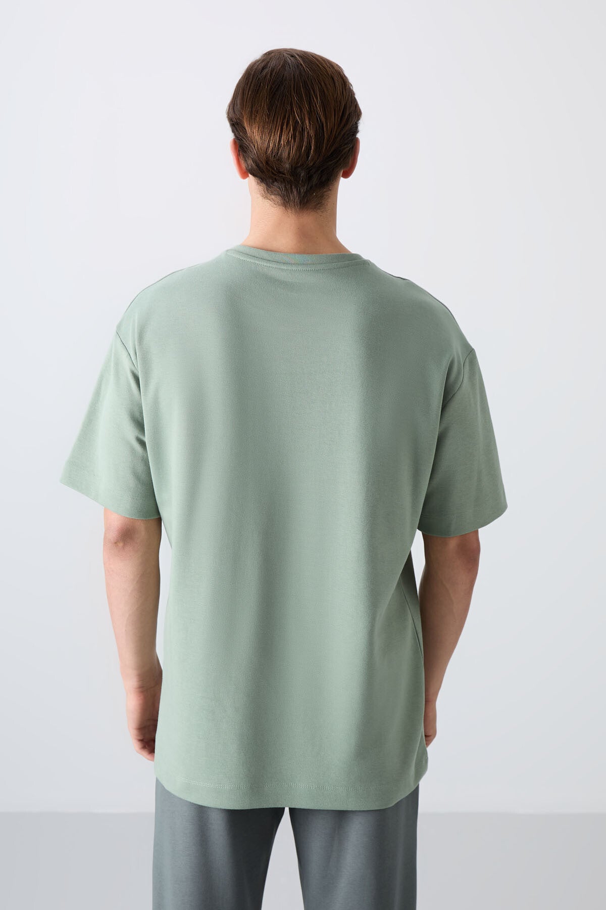 Açık Yeşil Pamuklu Kalın Yumuşak Dokulu Oversize Fit Baskılı Erkek T-Shirt - 88325