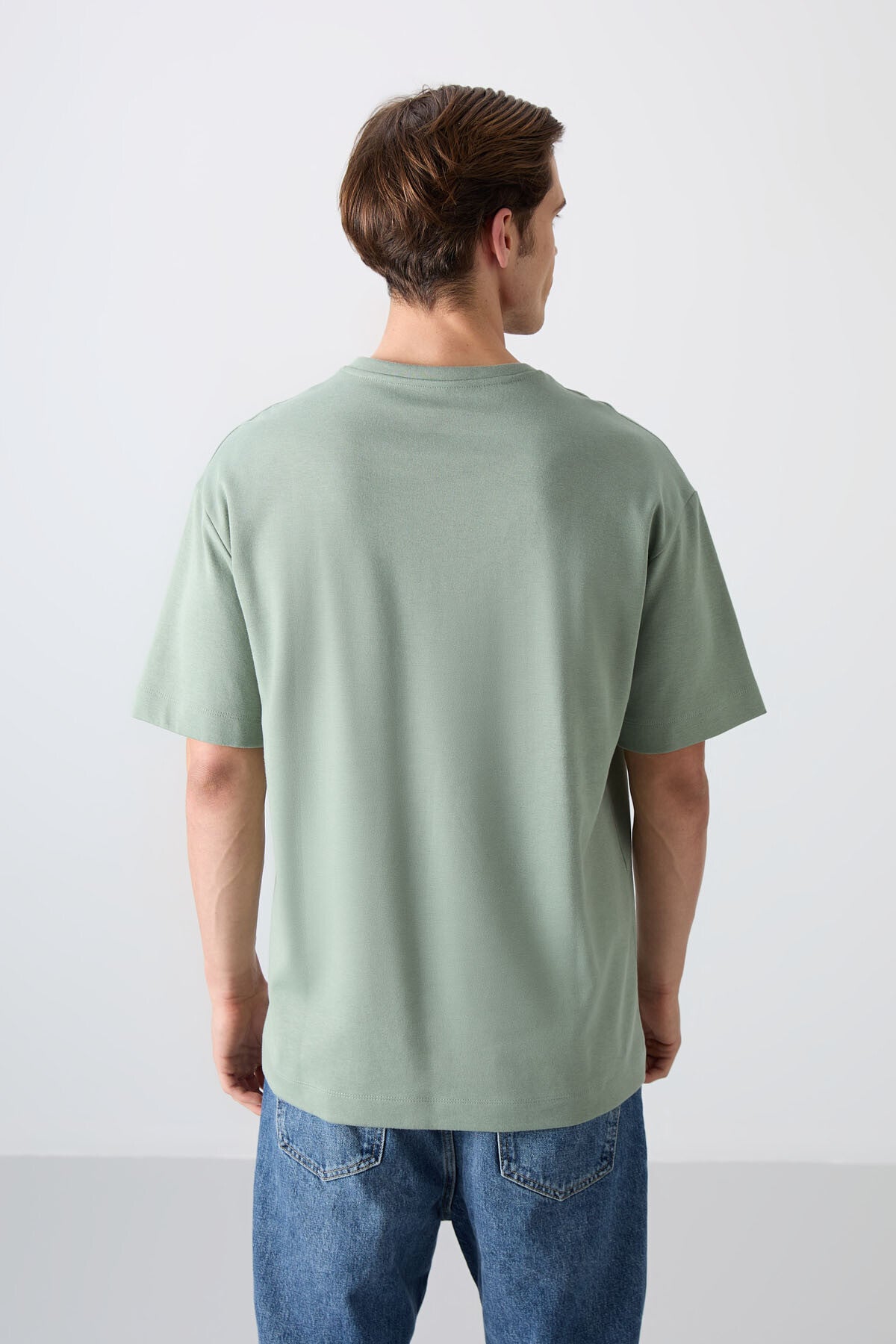 Açık Yeşil Pamuk Kalın Yumuşak Dokulu Oversize Fit Baskılı Erkek T-Shirt - 88326