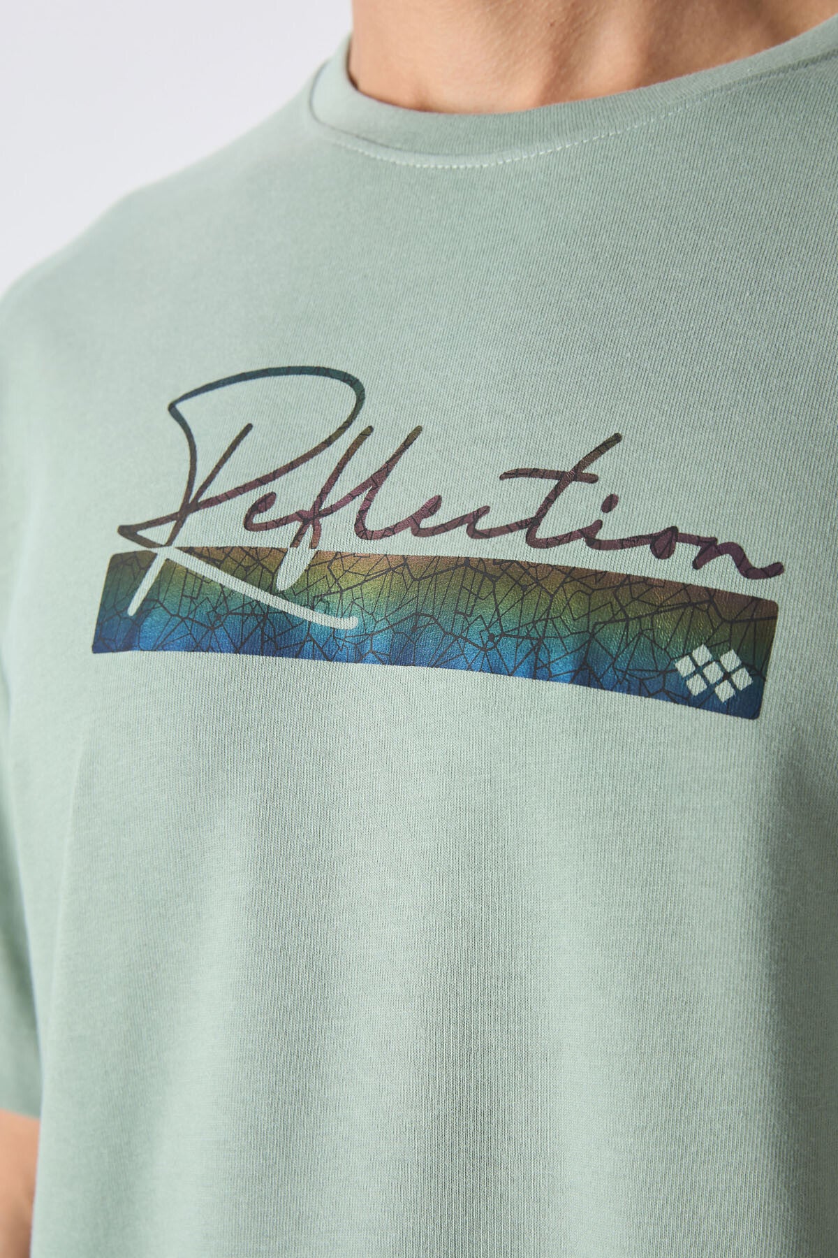 Açık Yeşil Pamuklu Kalın Yumuşak Dokulu Oversize Fit Baskılı Erkek T-Shirt - 88334