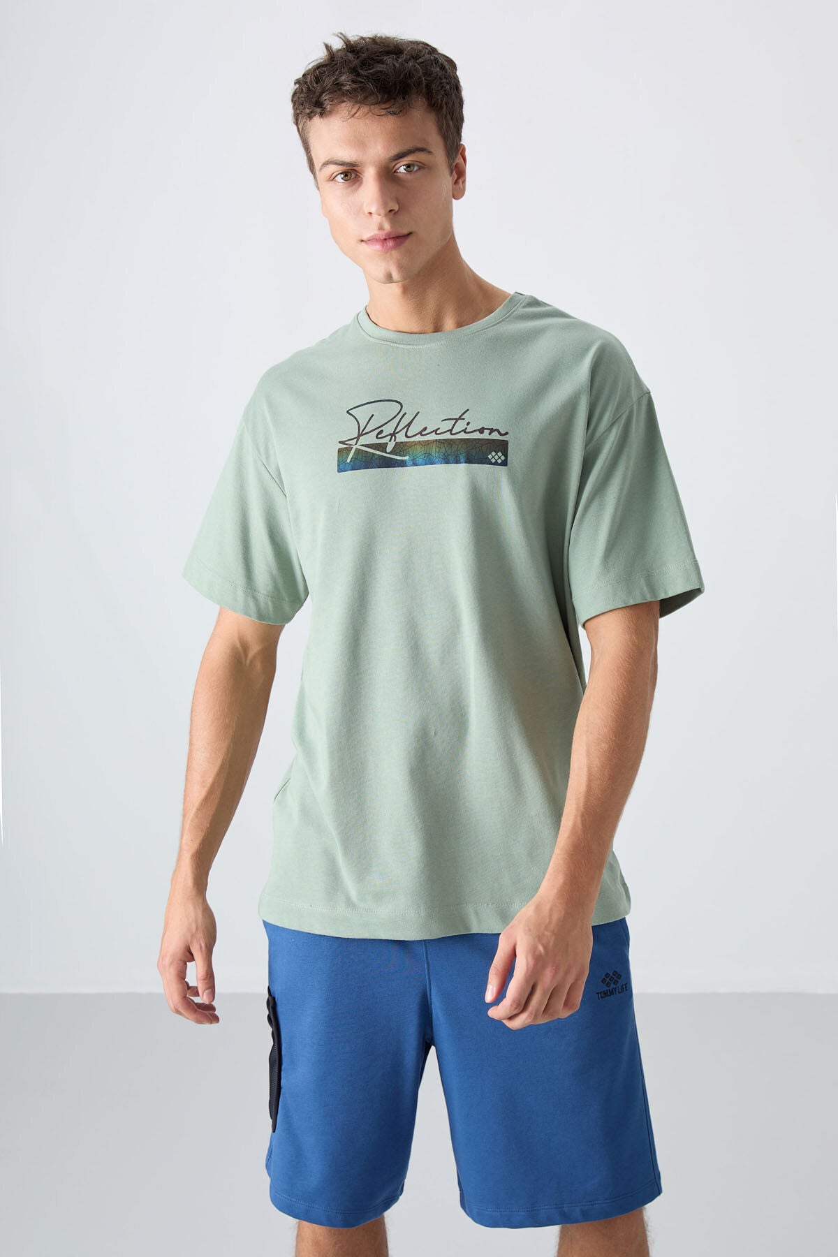 Açık Yeşil Pamuklu Kalın Yumuşak Dokulu Oversize Fit Baskılı Erkek T-Shirt - 88334