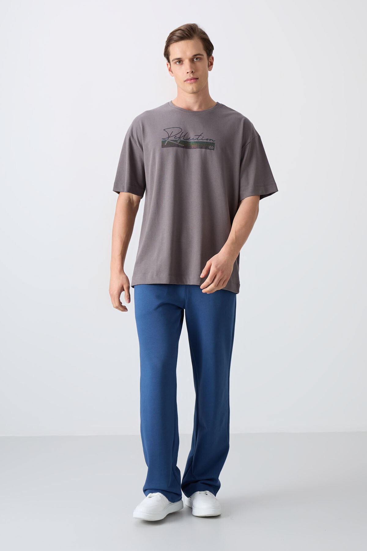 Koyu Gri Pamuklu Kalın Yumuşak Dokulu Oversize Fit Baskılı Erkek T-Shirt - 88334