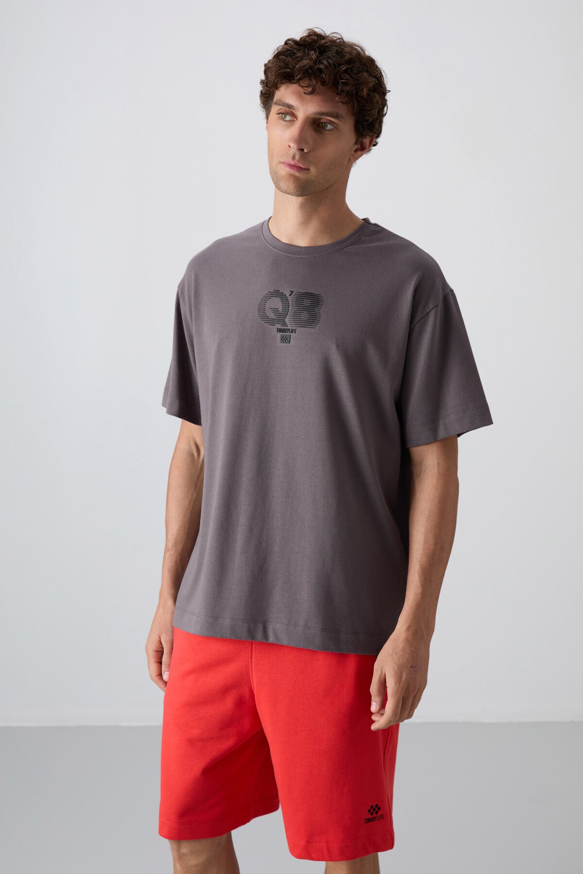 Koyu Gri Pamuklu Kalın Yumuşak Dokulu Oversize Fit Baskılı Erkek T-Shirt - 88333