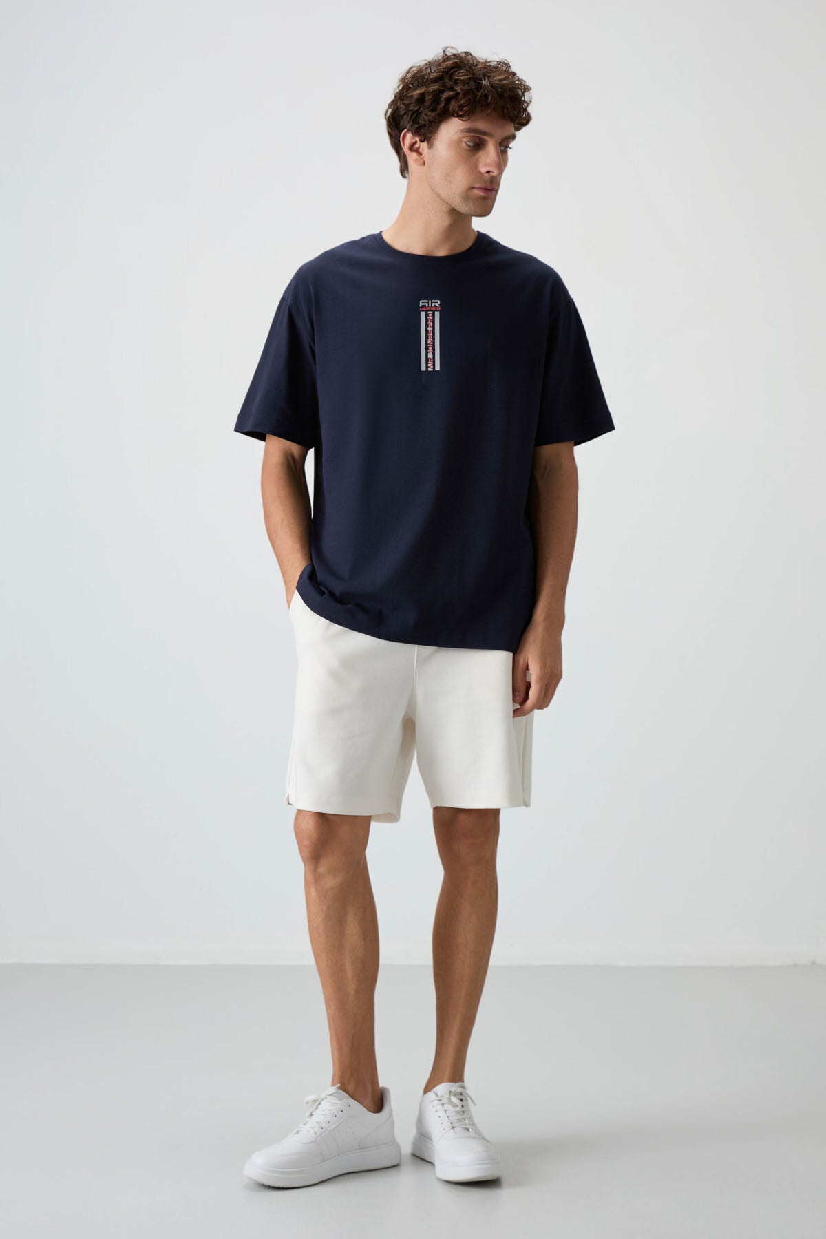 Lacivert %100 Pamuk Kalın Yumuşak Dokulu Oversize Fit Baskılı Erkek T-Shirt - 88360