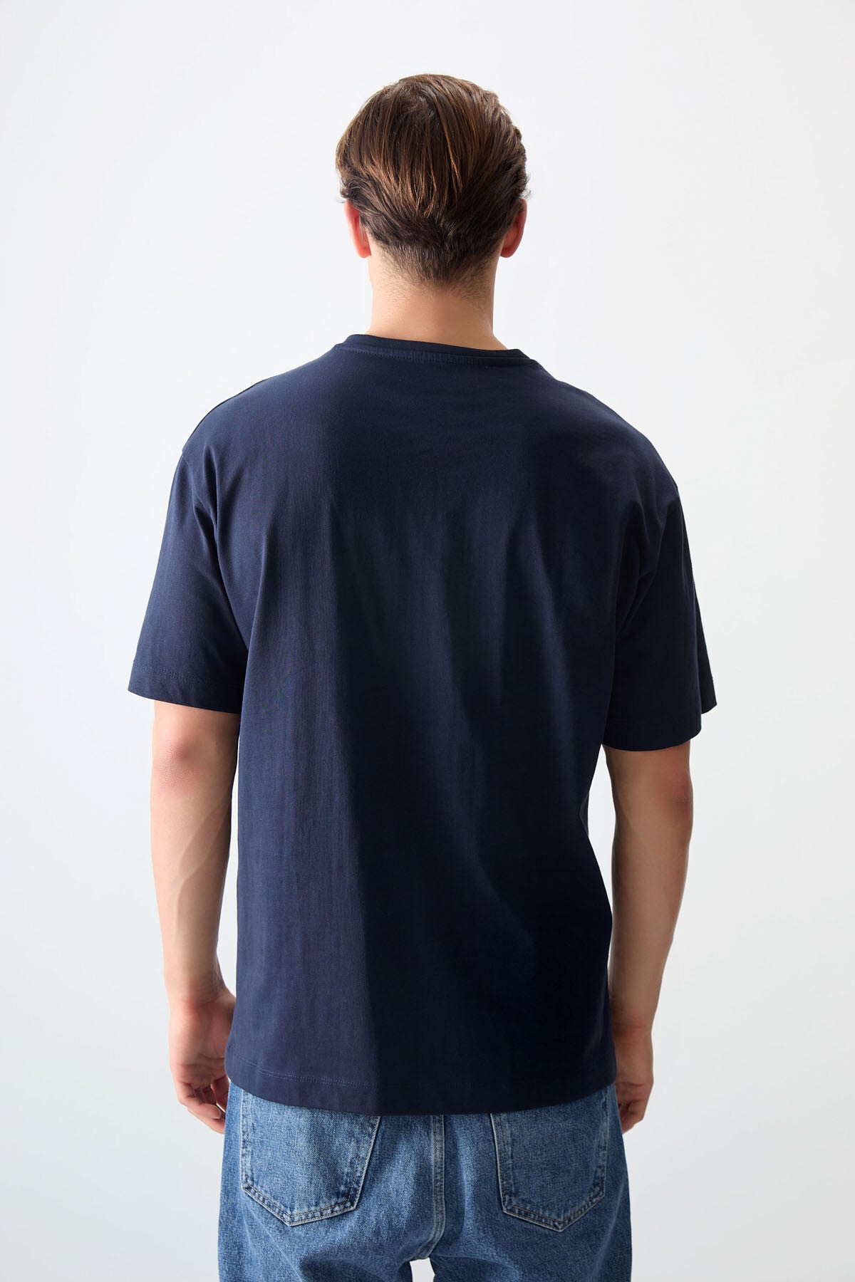 Lacivert %100 Pamuk Kalın Yumuşak Dokulu Oversize Fit Baskılı Erkek T-Shirt - 88356