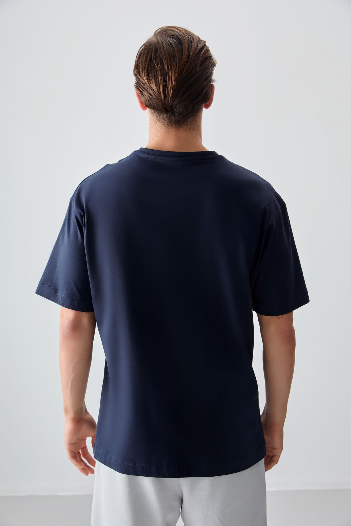 Lacivert %100 Pamuk Kalın Yumuşak Dokulu Oversize Fit Baskılı Erkek T-Shirt - 88355