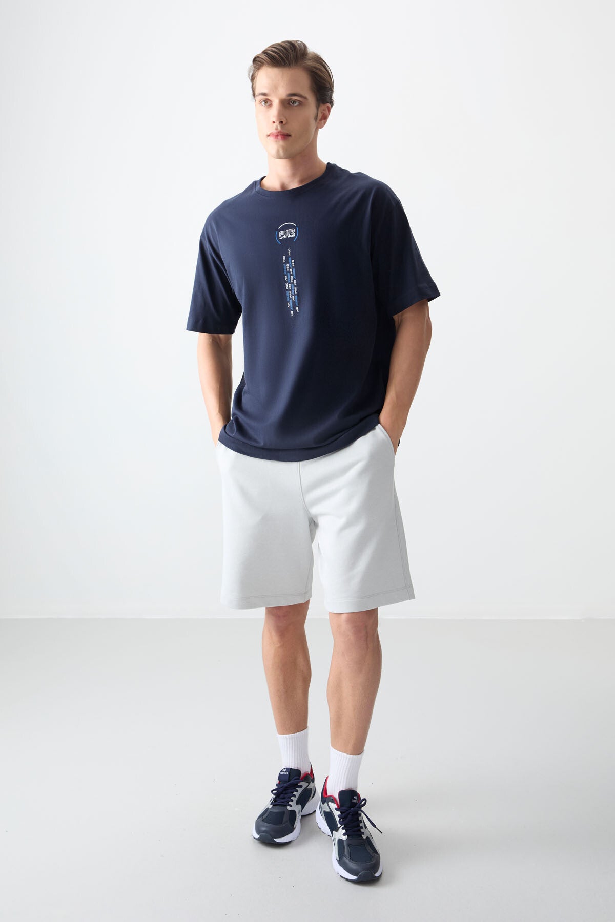 Lacivert %100 Pamuk Kalın Yumuşak Dokulu Oversize Fit Baskılı Erkek T-Shirt - 88355