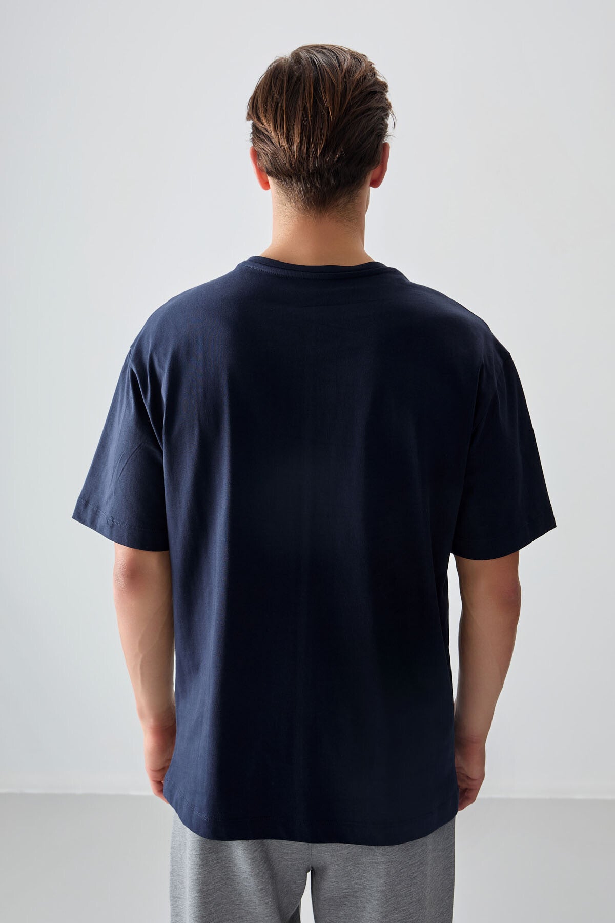 Lacivert %100 Pamuk Kalın Yumuşak Dokulu Oversize Fit Baskılı Erkek T-Shirt - 88358