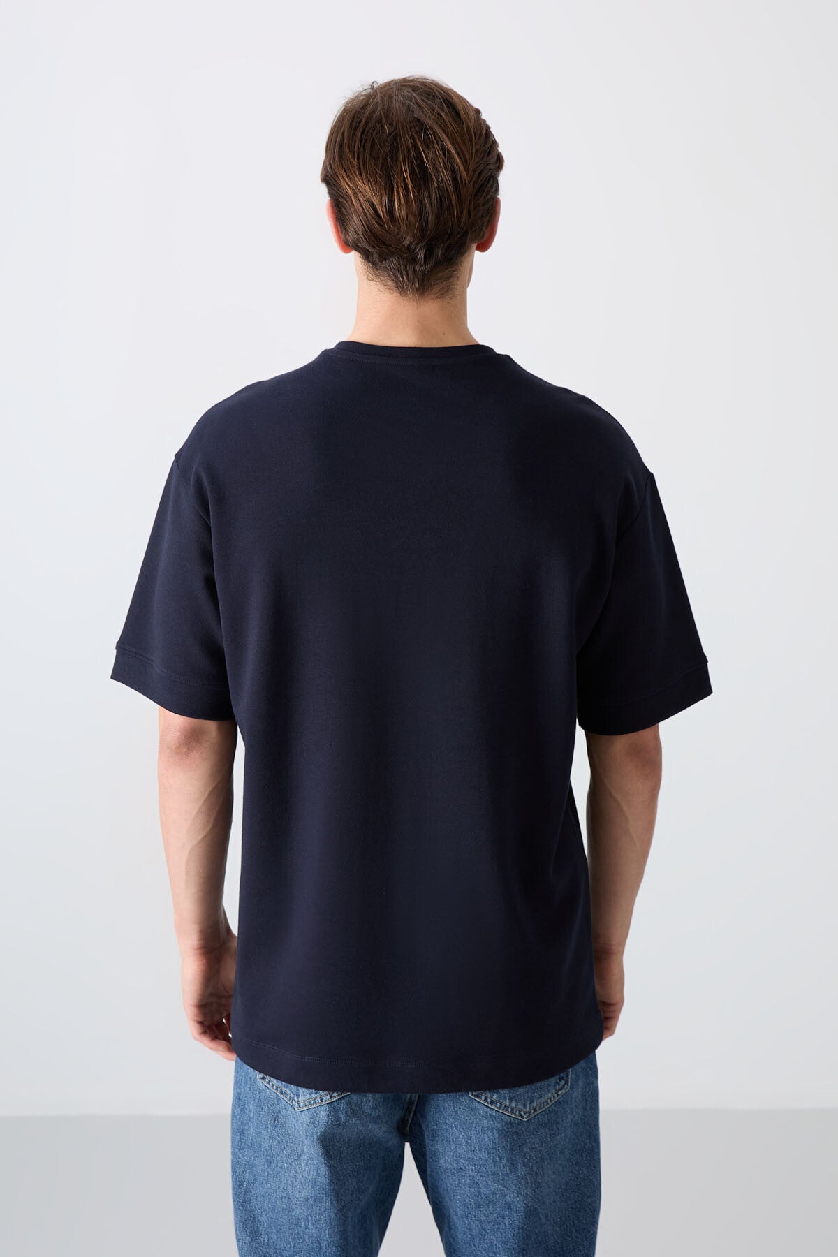 Lacivert Pamuklu Kalın Yumuşak Dokulu Oversize Fit Baskılı Erkek T-Shirt - 88320