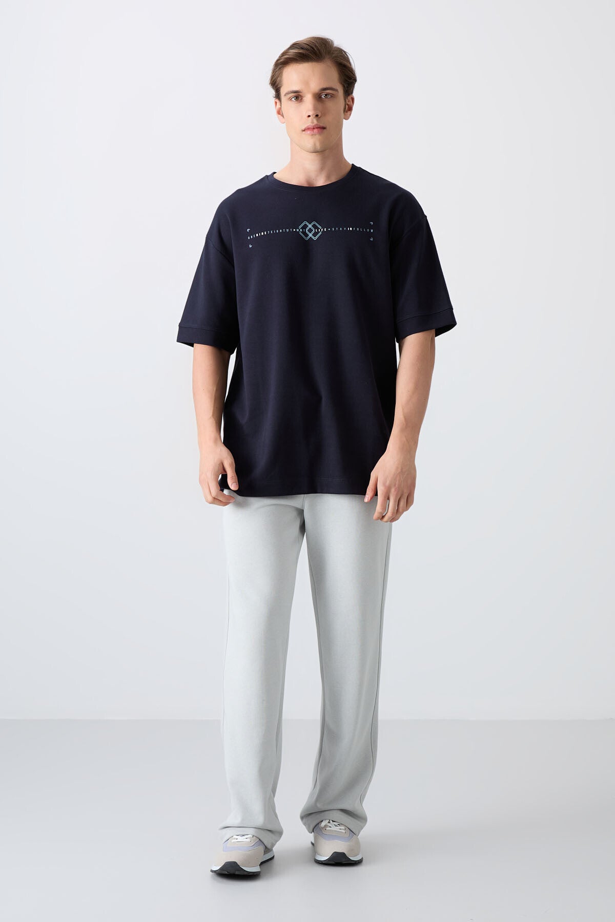 Lacivert Pamuklu Kalın Yumuşak Dokulu Oversize Fit Baskılı Erkek T-Shirt - 88323