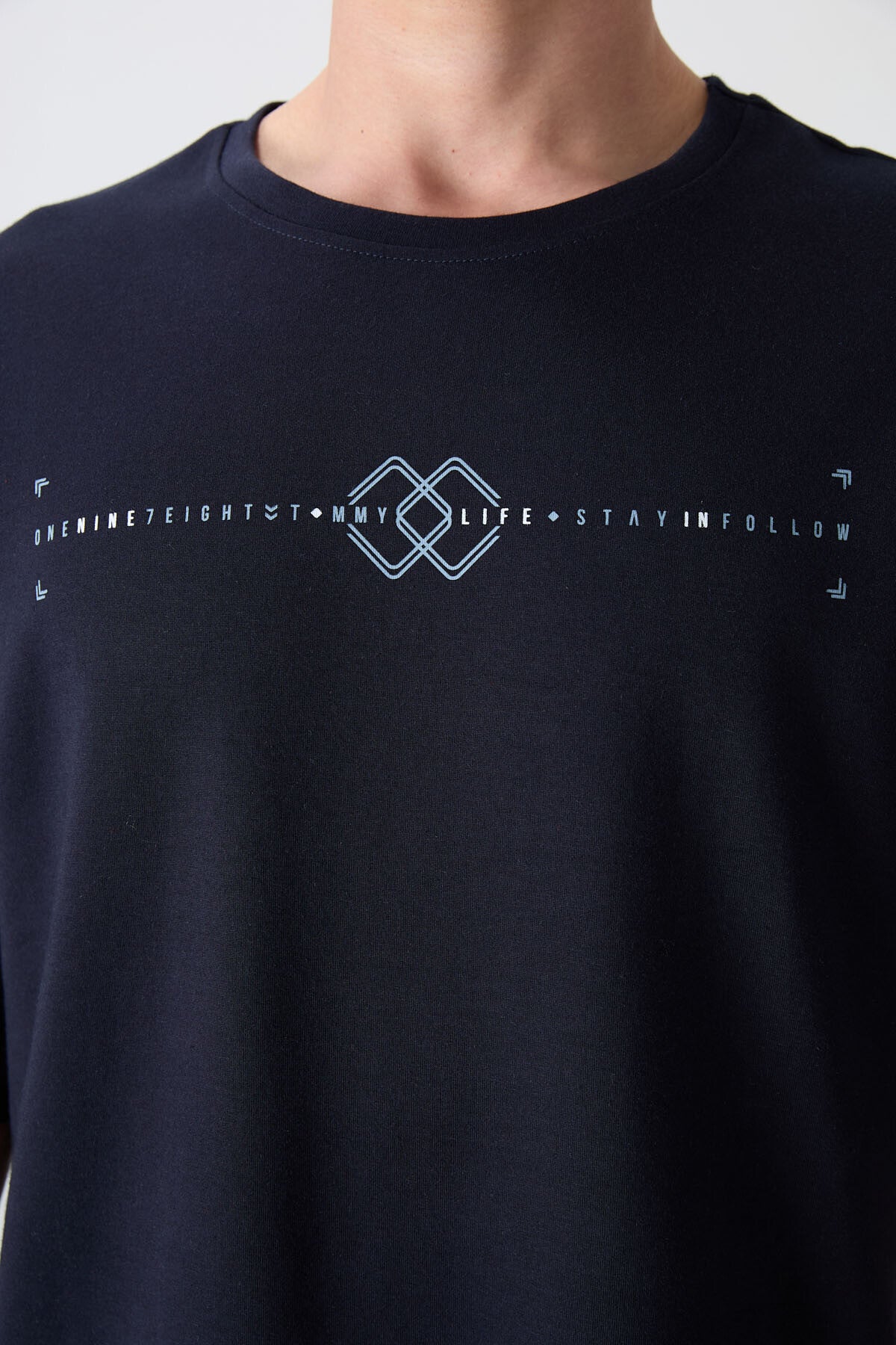 Lacivert Pamuklu Kalın Yumuşak Dokulu Oversize Fit Baskılı Erkek T-Shirt - 88323