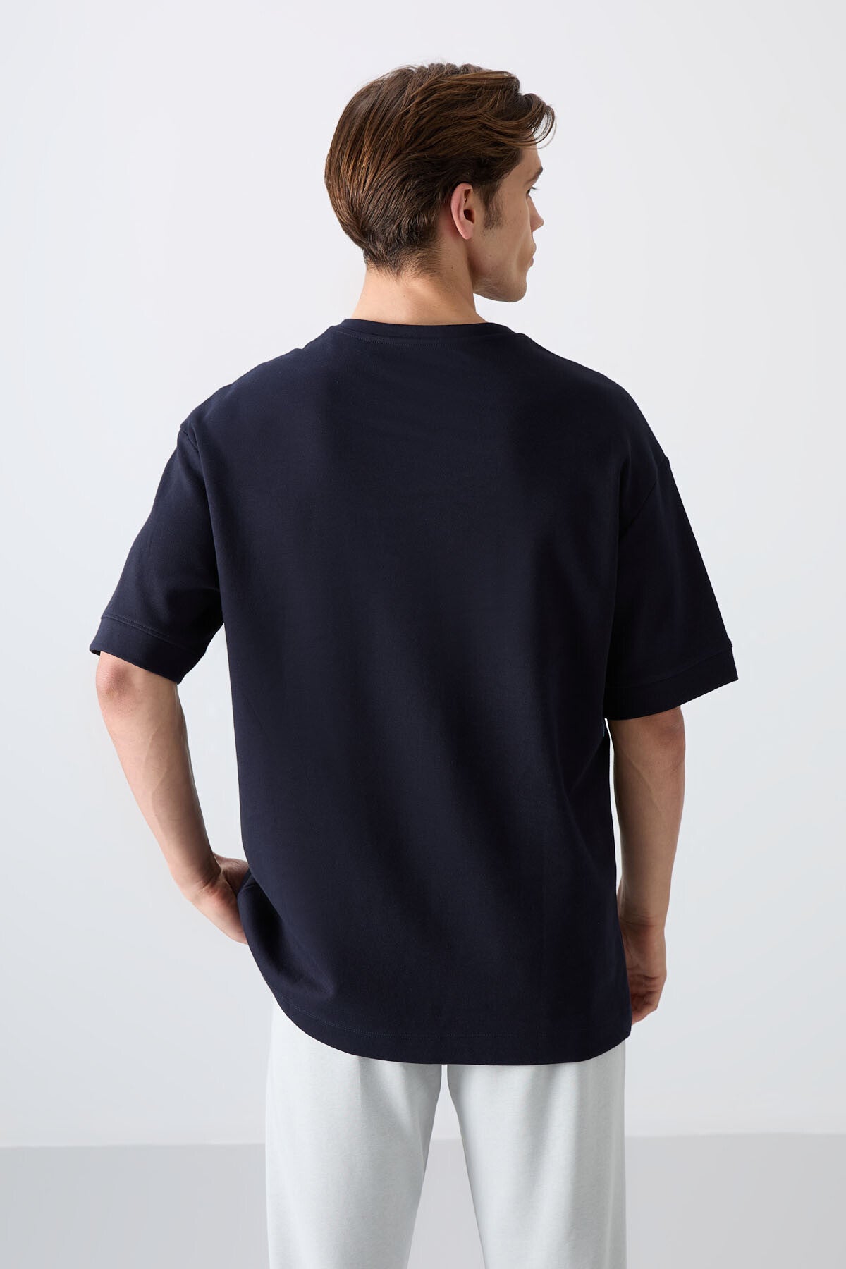 Lacivert Pamuklu Kalın Yumuşak Dokulu Oversize Fit Baskılı Erkek T-Shirt - 88323