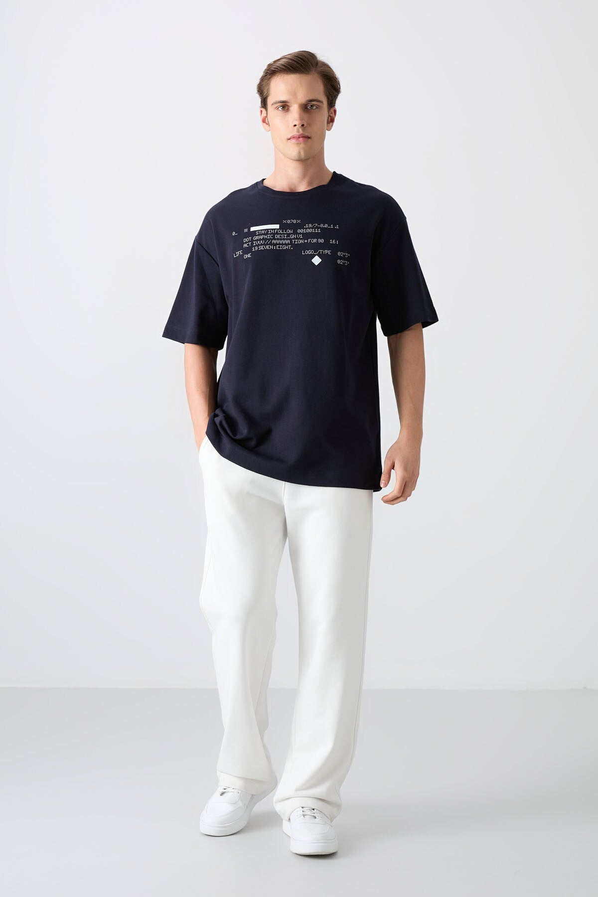 Lacivert Pamuklu Kalın Yumuşak Dokulu Oversize Fit Baskılı Erkek T-Shirt - 88326