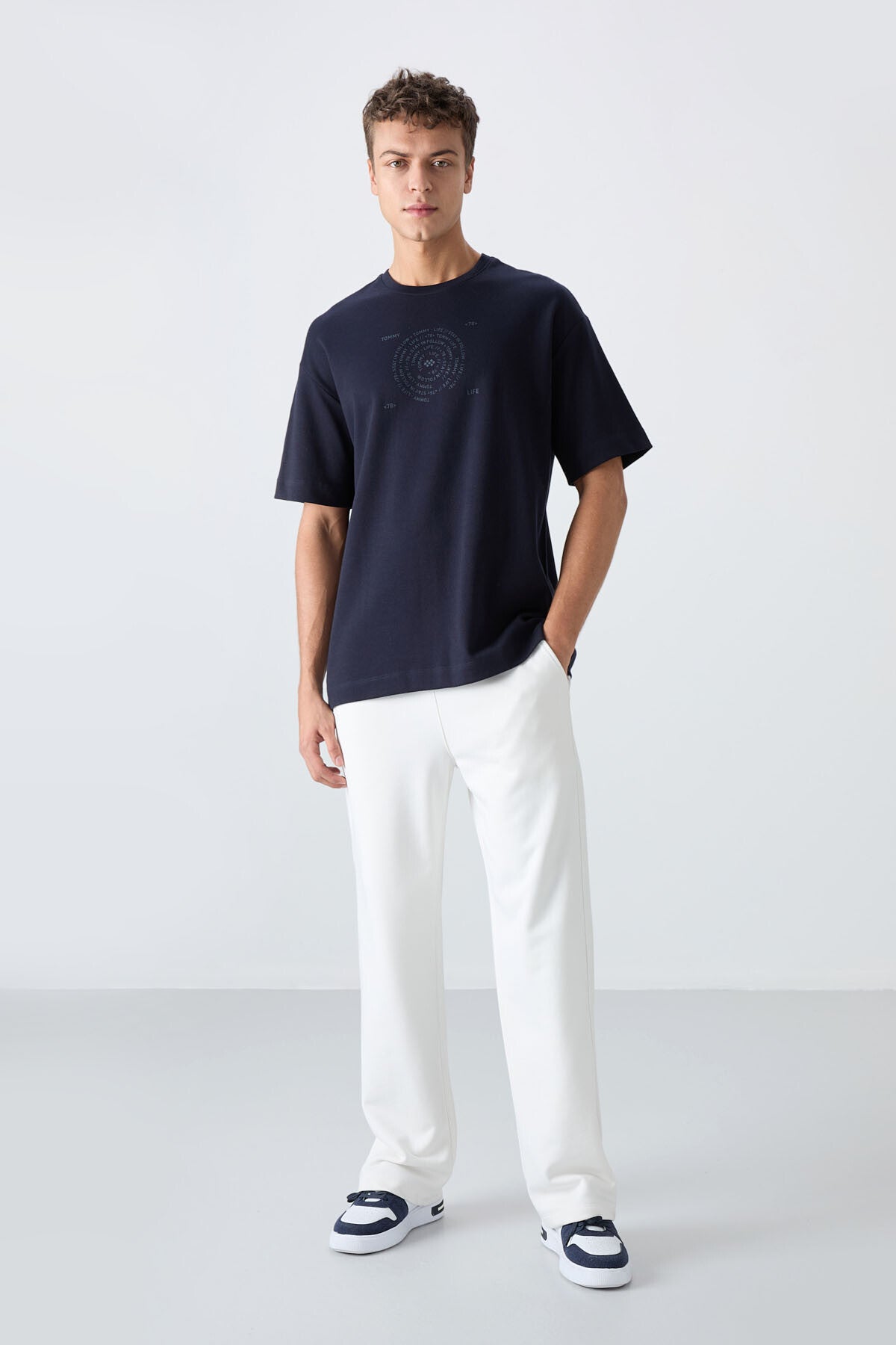 Lacivert Pamuklu Kalın Yumuşak Dokulu Oversize Fit Baskılı Erkek T-Shirt - 88324